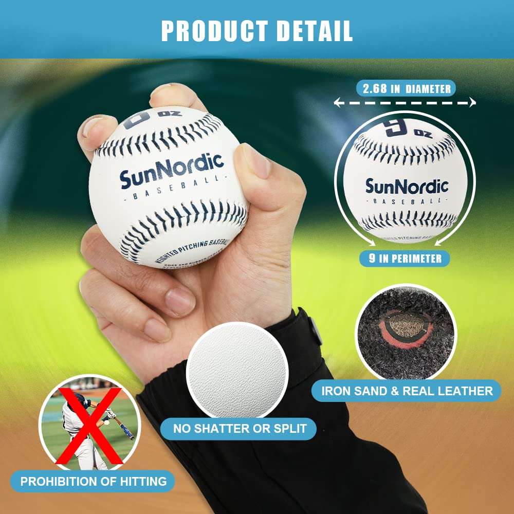 SunNordic Weighted Baseballs Set of 9, Premium Leather Baseball with Resistance Baseball Bands for Improved Power & Pitching Training - for All Skill Levels 4