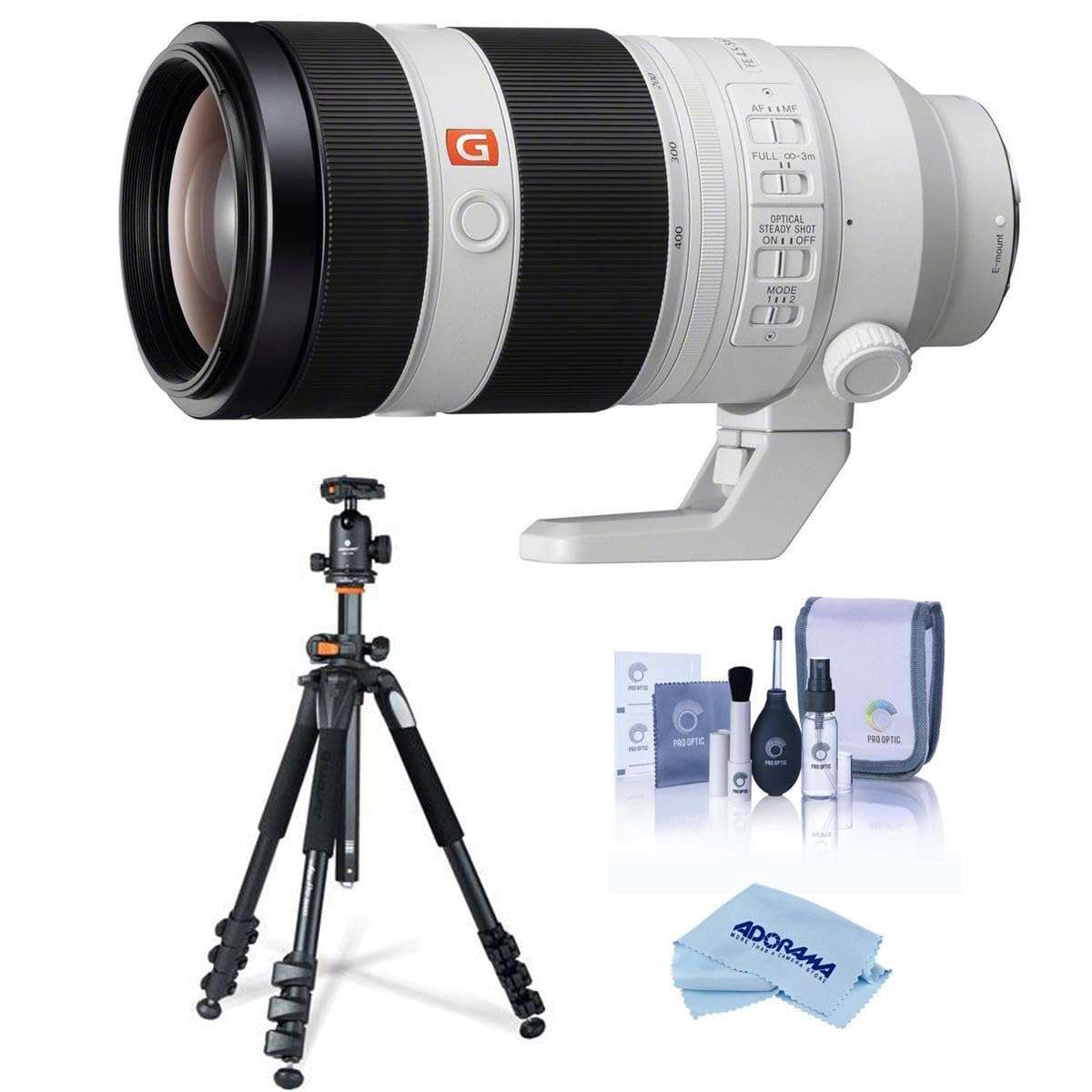 Sony FE 100-400mm f/4.5-5.6 GM OSS Lens for Sony E, Bundle with Takama 3-Section Aluminum Video Tripod with Fluid Head, Cleaning Kit, Cleaning Cloth 1
