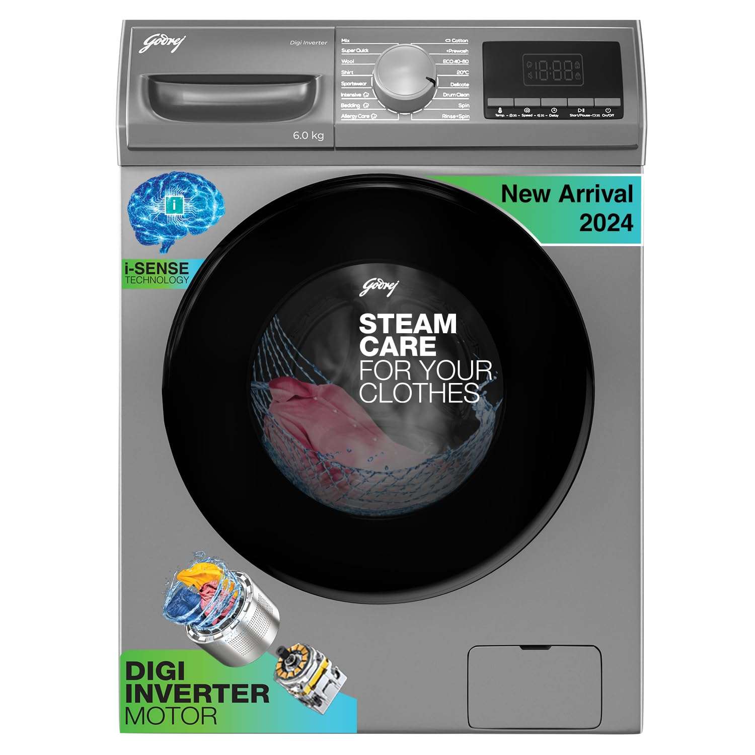 Godrej 6 Kg 5 Star Digi-inverter Fully-Automatic Front Load Washing Machine (2024 Model, WFEON HYS 6010 5 IJBT FLGR, With Steam Wash & 1000 RPM Spin Speed, Flint Grey) 1