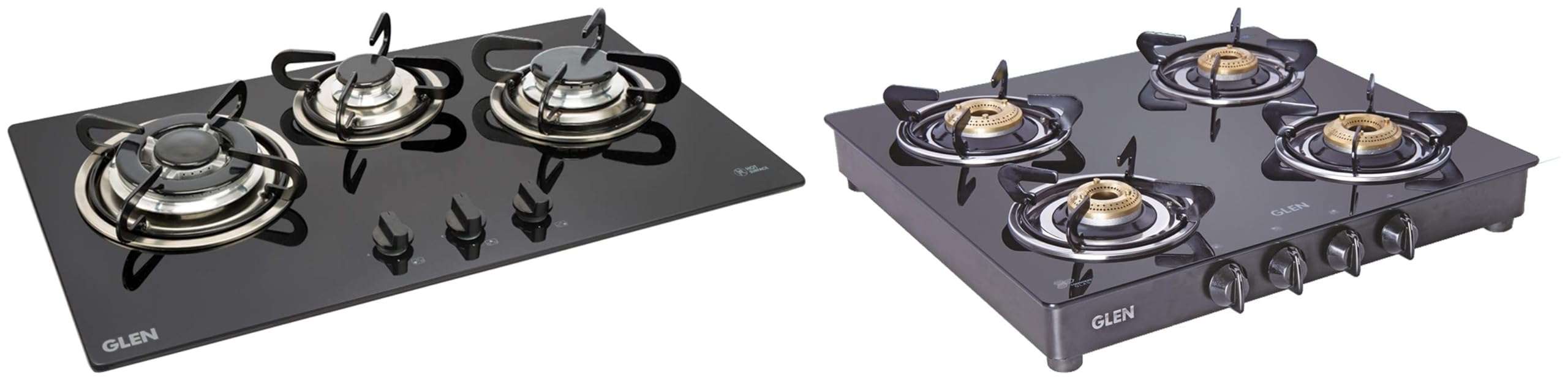 Glen 3 Burner Built in Glass Hob Auto Ignition (BH3B73TR Cooktop, Black) & Glen 4 Burner Gas Stove with Brass Burner (CT4B55BLBB Cooktop, Black)