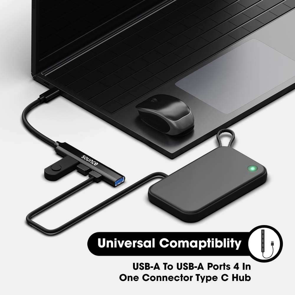 Sounce 4-In-1 Portable Type-C Hub (Type-C To 4 Usb-A Ports) With Aluminum Shell, Usb Port Hub 3.0 Compatible For Pc, Mac Pro, Mac Mini, Imac, Tablet, And Smartphone Black 3