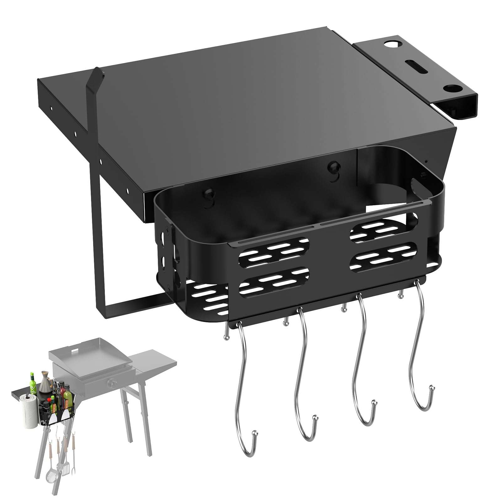 Griddle Stand Side Shelf and Griddle Caddy for Blackstone 17" 22" Griddle Stand, Griddle Shelf and Grill Caddy for Blackstone 5013 Griddle Stand with Tool Hooks, Paper Towel Holder and Spatula Holder 1