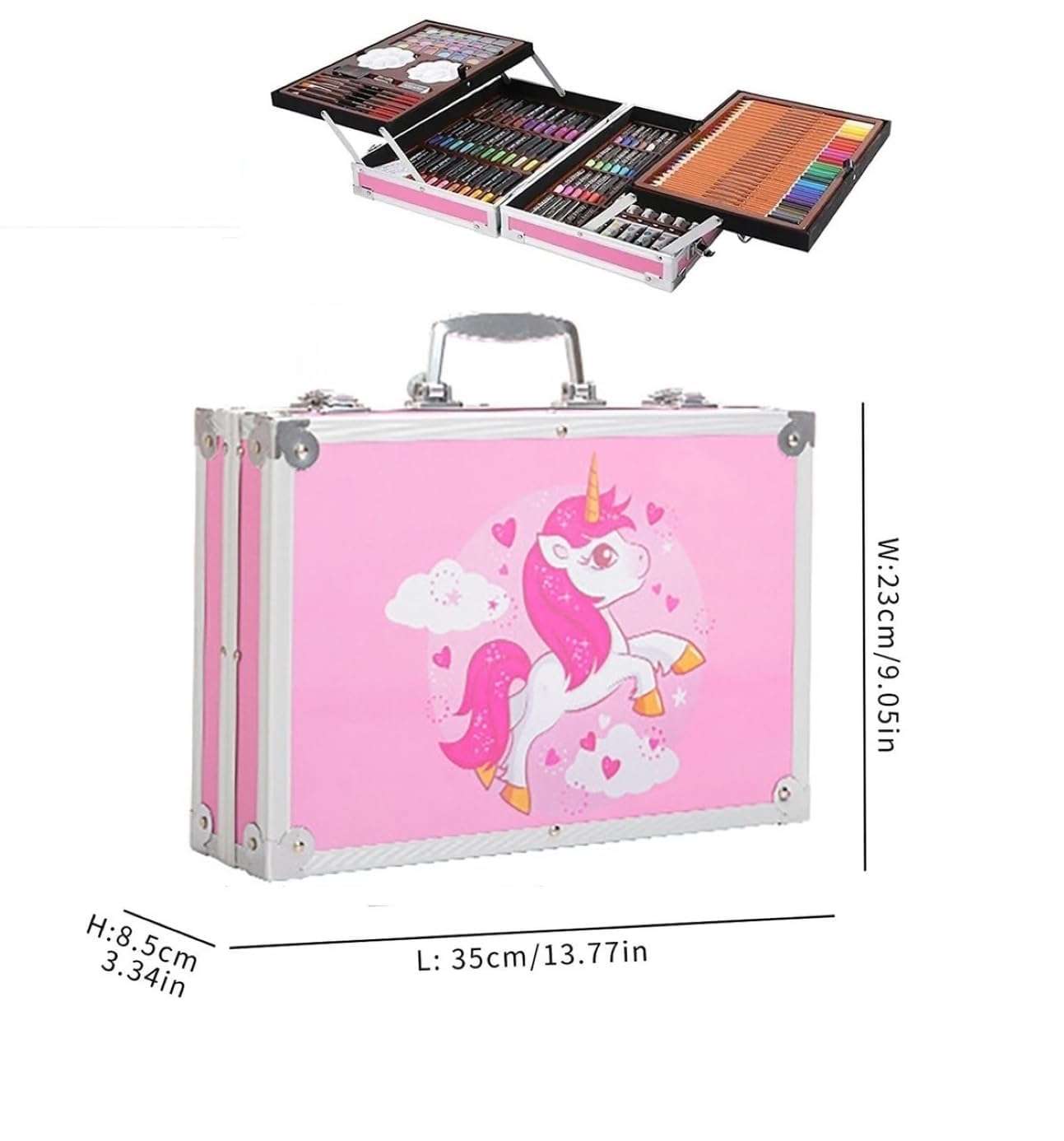 NIRLABH Art Set Gift 145Pcs With Portable Aluminum Case Box Professional Artists Drawing Painting Kit For Kids Including Colored Pencils Watercolor Paints Oil Pastels (UNICORN-PINK) 3