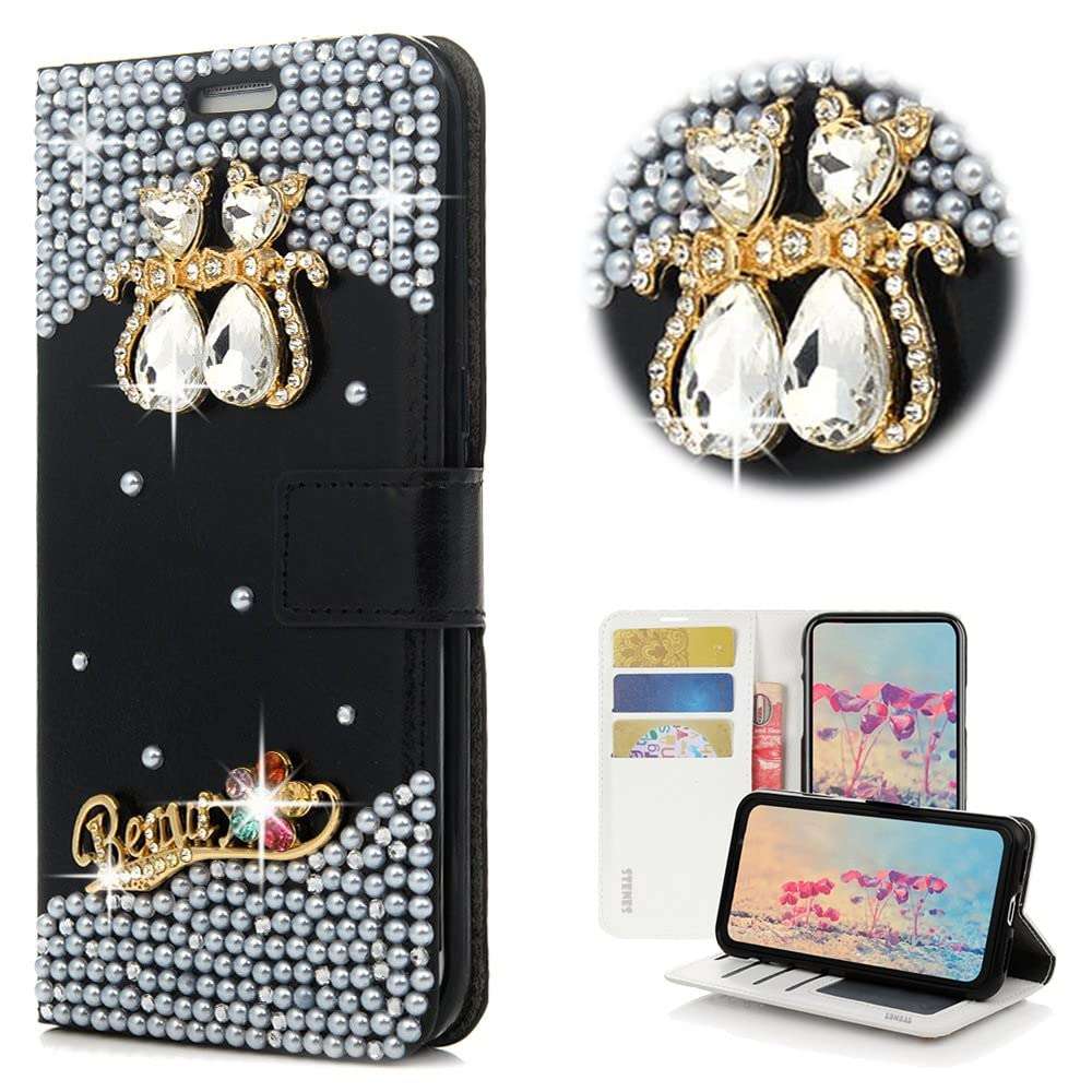 STENES Bling Wallet Case Compatible with Samsung Galaxy S8 Plus - Stylish - 3D Handmade Crystal Couple Cat Flower Magnetic Wallet Leather Cover with Neck Strap Lanyard [3 Pack] - White 1