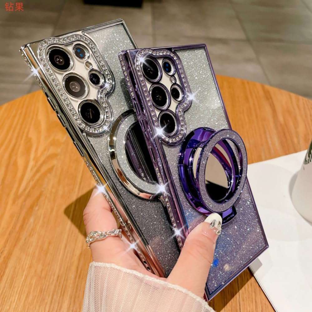 Transmitg for Samsung Glitter Rhinestones Magnetic Case with Kickstand & Cosmetic Mirror, Sparkly Diamond Gradient Phone Case with Bling Camera Lens Protector (Gold,for S24Ultra) 4