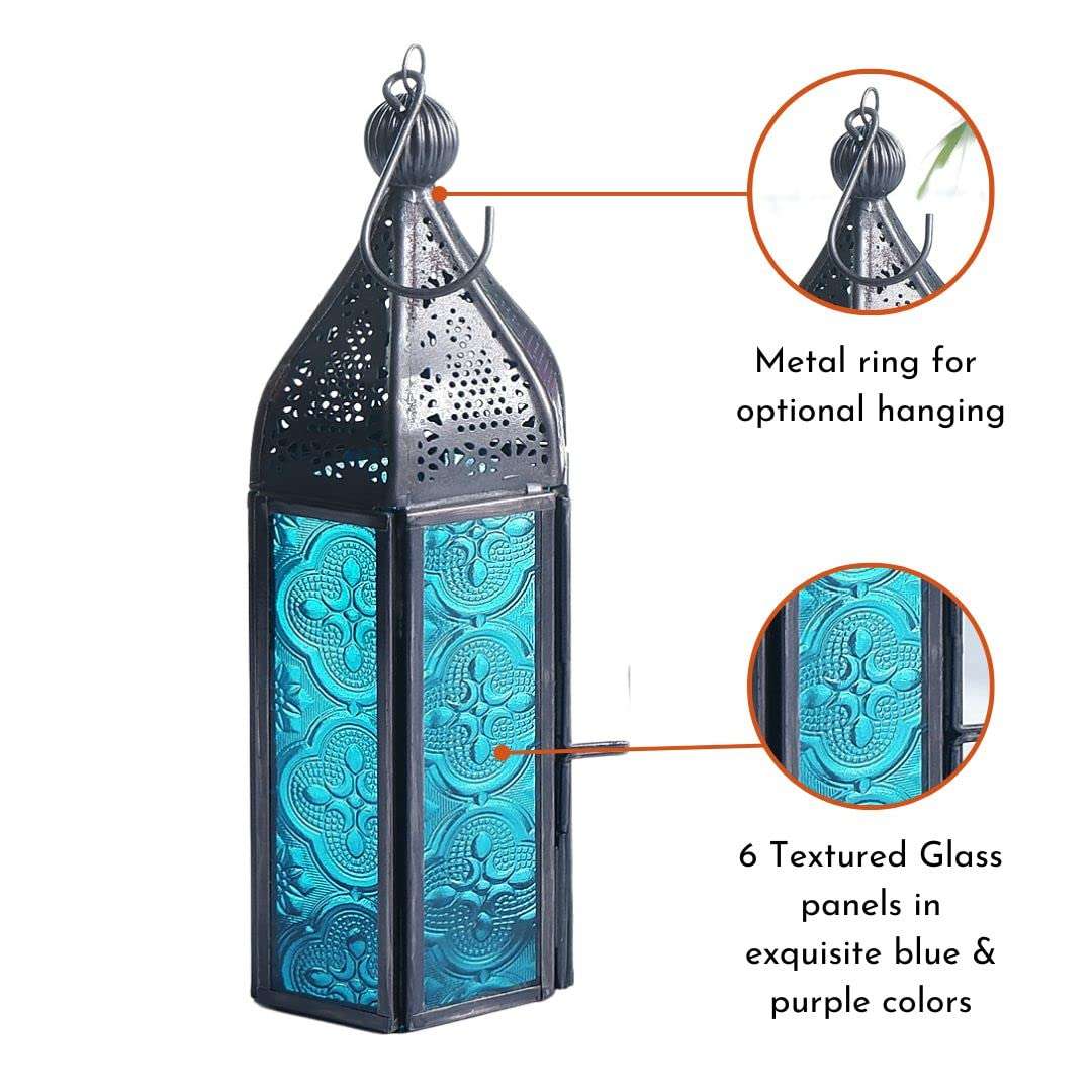 Behoma Moroccan Lanterns for Home Decoration Purple and Blue Textured Glass | Showpiece for Home Decor Living Room Study Room Table Hanging Lantern Lamp | Set of 2 Nickle Black Small 3