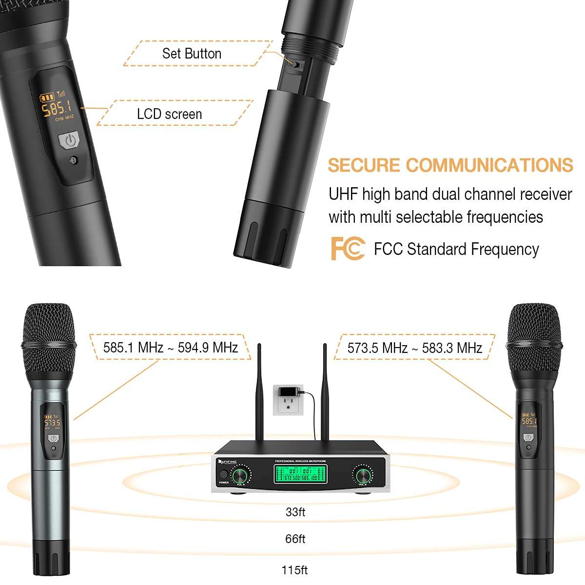 Fifine Wireless Microphone System, Two Handheld Dynamic Cordless Mic and Dual Channel Receiver, 50 Selectable UHF Frequency for Karaoke Singing Party,Church,DJ,Wedding,School Presentation.(K040) 5