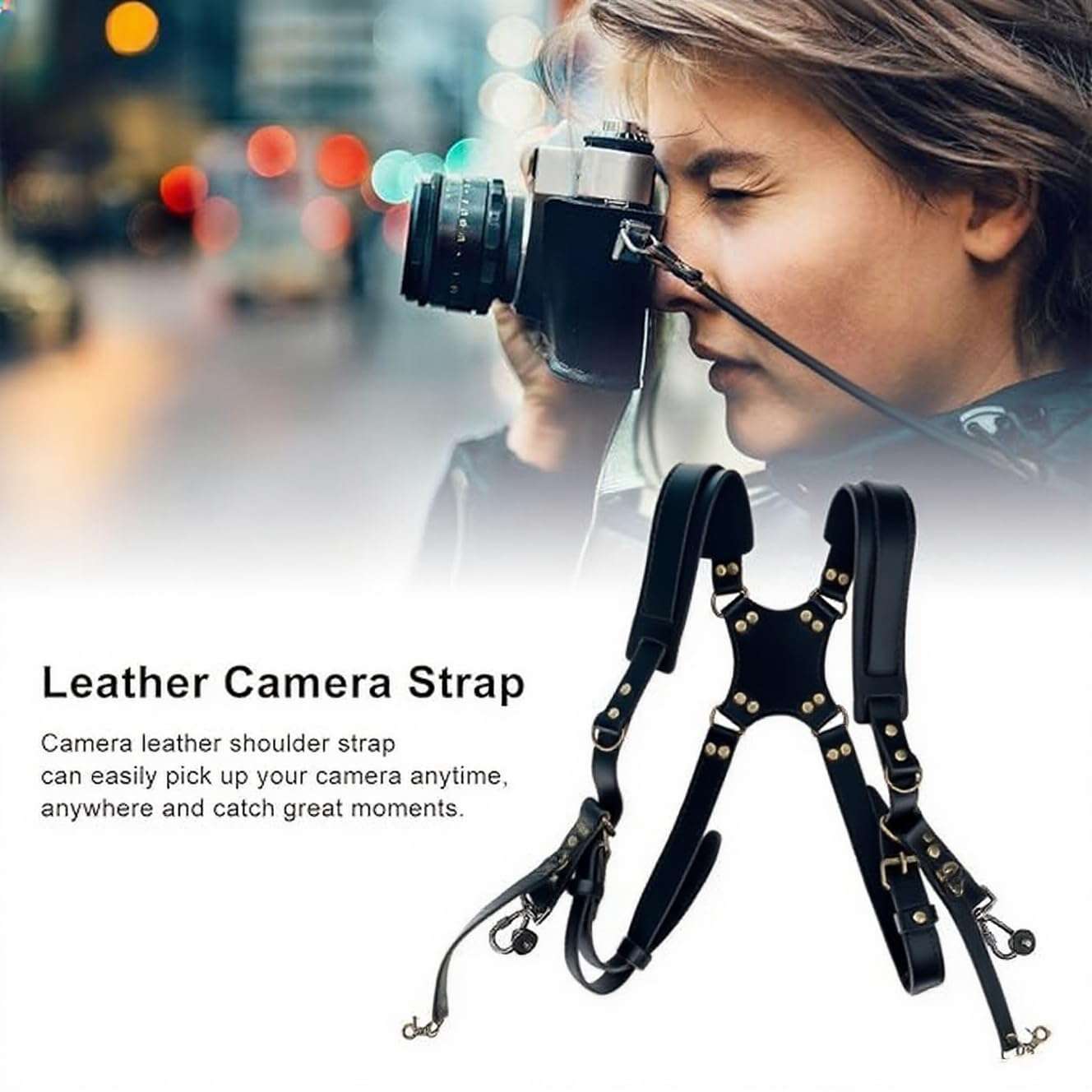 Jerliflyer Double Camera Harness, Quick Release Adjustable Leather Camera Harness for Photographers, Can Hold Two Cameras(Black) 6