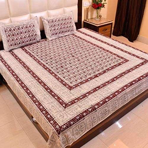 Ashok's Sonali Home Fashions 100 % Pure Cotton 124TC Hand-Block Print Art Jaipuri Rajasthani Traditional Double and Single Bedsheet Combo Set of Double Bedsheets with 2 Pillow Cover 2