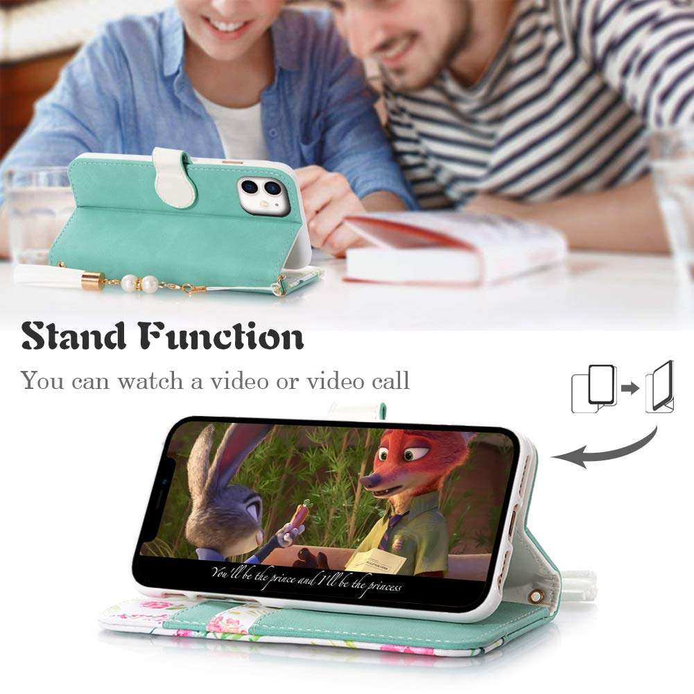 iPhone 12 iPhone 12 Pro Floral Series Wallet Case for Girls Women Lovely Flower Pattern PU Suede Leather Flip Cover Card Slots Stand Magnetic Closure Pearl Pendant Case for iPhone 12/12 pro 6.1 Inch 3