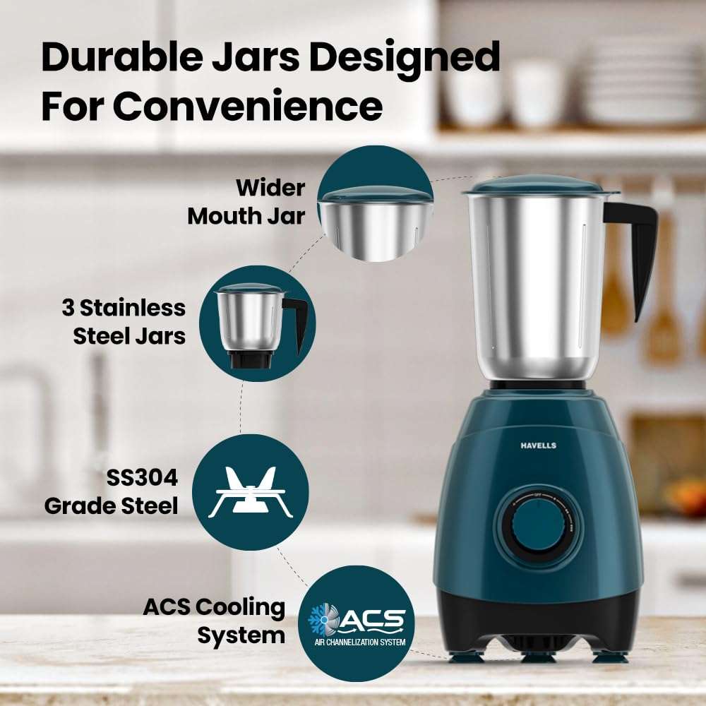 Havells ESO 750 Watt Mixer Grinder | 3 Stainless Steel Jars with Handles | 304 Rust-Resistant SS Blades | 21000 RPM High-Speed Motor | 5-Year Motor Warranty | Heavy-Duty Mixie (Teal) 4