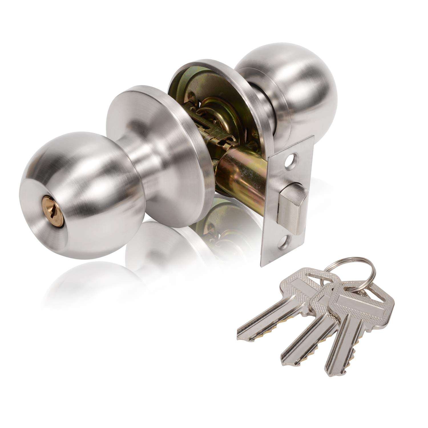 GOLDSEED Door Knob with Lock, Exterior Door Knob for Bedroom/Bathroom or Office, Door Lock with Key for Right/Left Handed Doors (Satin Nickel) 1