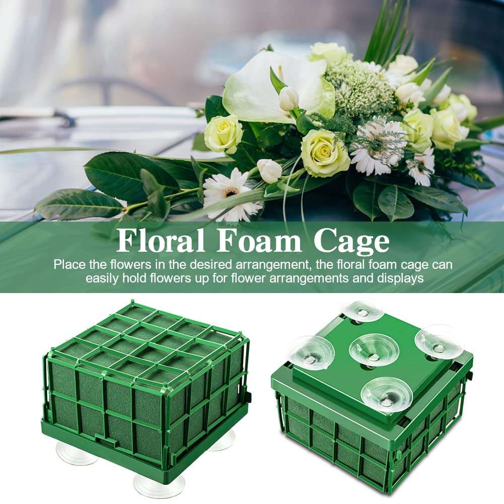 Xiaokeis 2 Floral Foam Cage with Suction Cups for Flower Arrangements, Square Floral Foam Cage Flower Holder for Fresh Flower Arrangement and Wedding Car Decorations(Green) 4