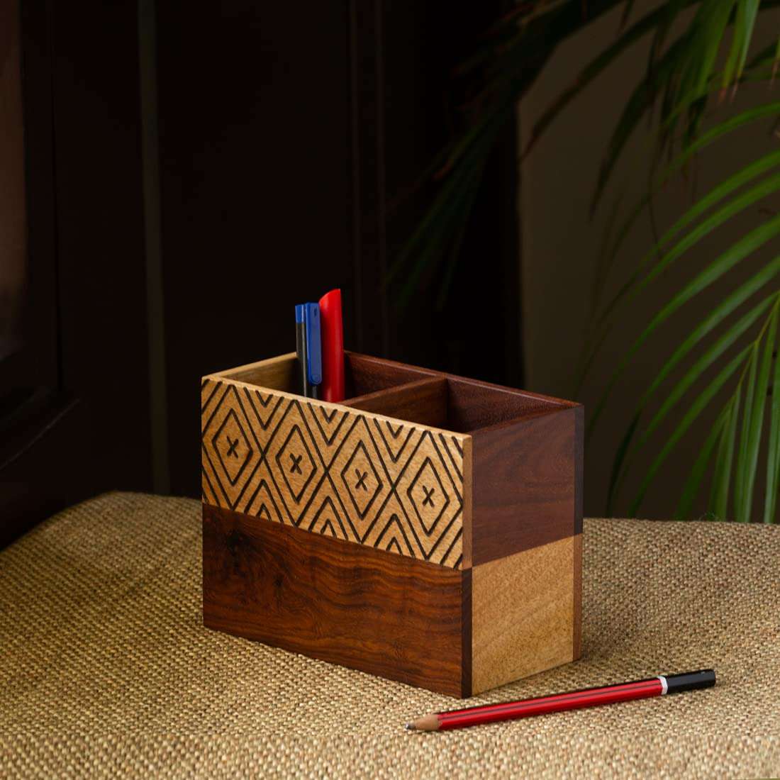 ExclusiveLane 'Chevron Chronicles' Handcrafted Table Organiser For Office Desk Organizer & Pen Stand For Study Table In Mango & Sheesham Wood 1