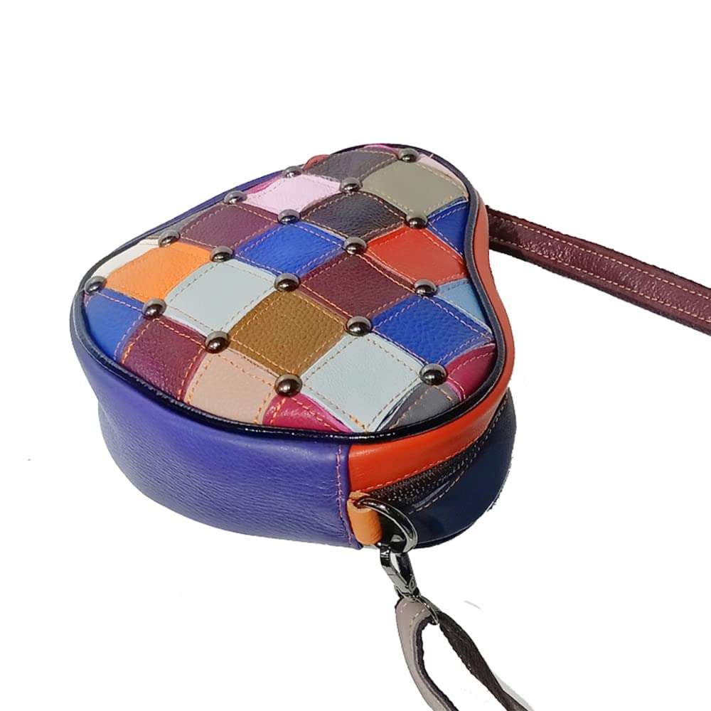 BYKOINE Women Cute Heart-Shaped Purse Genuine Leather Multicolor Splicing Handbag Colorful Patchwork Rivet Shoulder Satchel 5