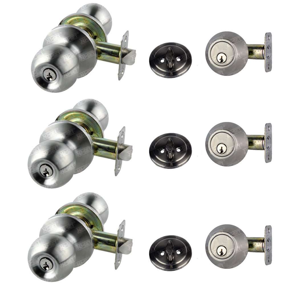 NU-SET Fremont Keyed Alike Entry Door Knob Lock and Single Cylinder Deadbolt Combo Satin Stainless Steel Finish, Keyway, 3-Pack (F-E-5-3 + 70053)