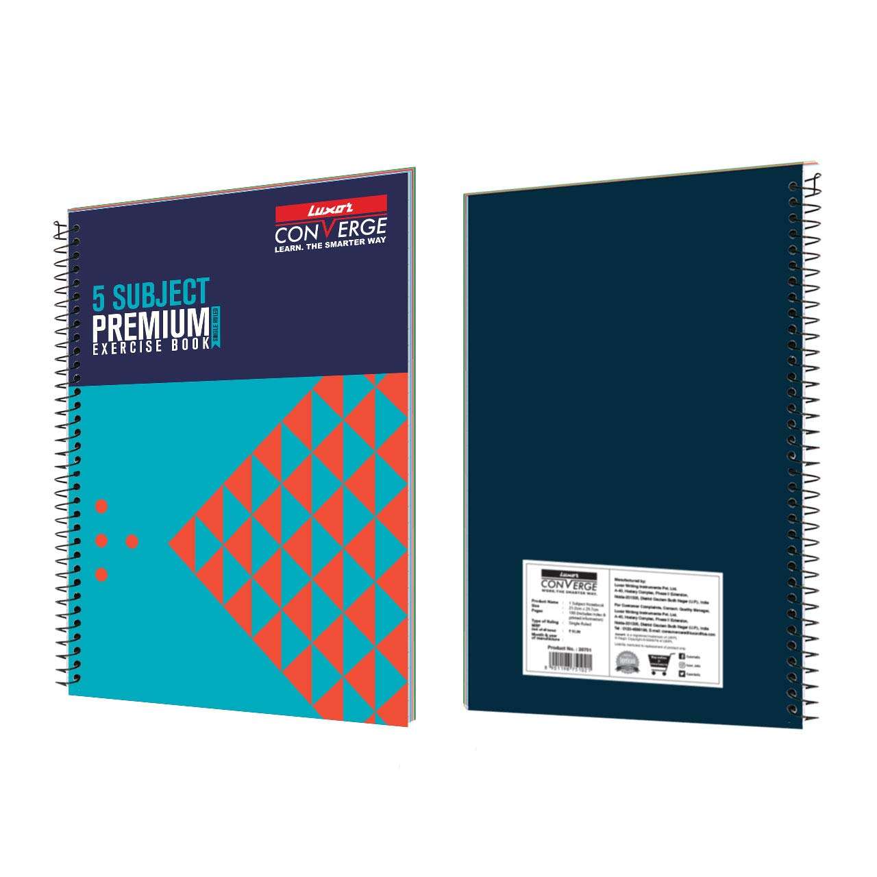 Luxor 5 Subject Spiral Premium Exercise Notebook, Single Ruled - (18cm X 24cm), 250 Pages, Pack of 3 6