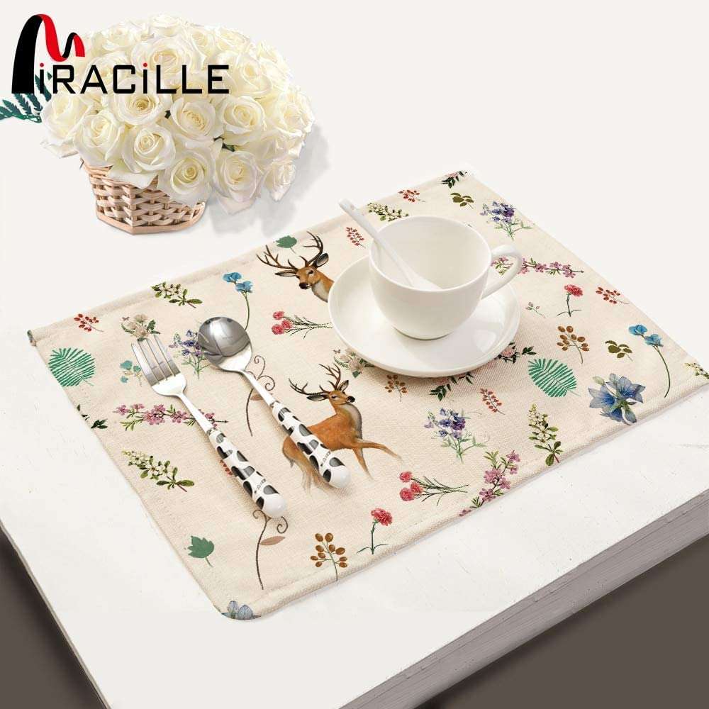 WorldCare® Miracille 2/4/6 pcs Kitchen Modern Accessories Cotton Linen Deer Flower Print Dinner Table Placemats Towel Napkin Decor: 3, 2Pieces 2