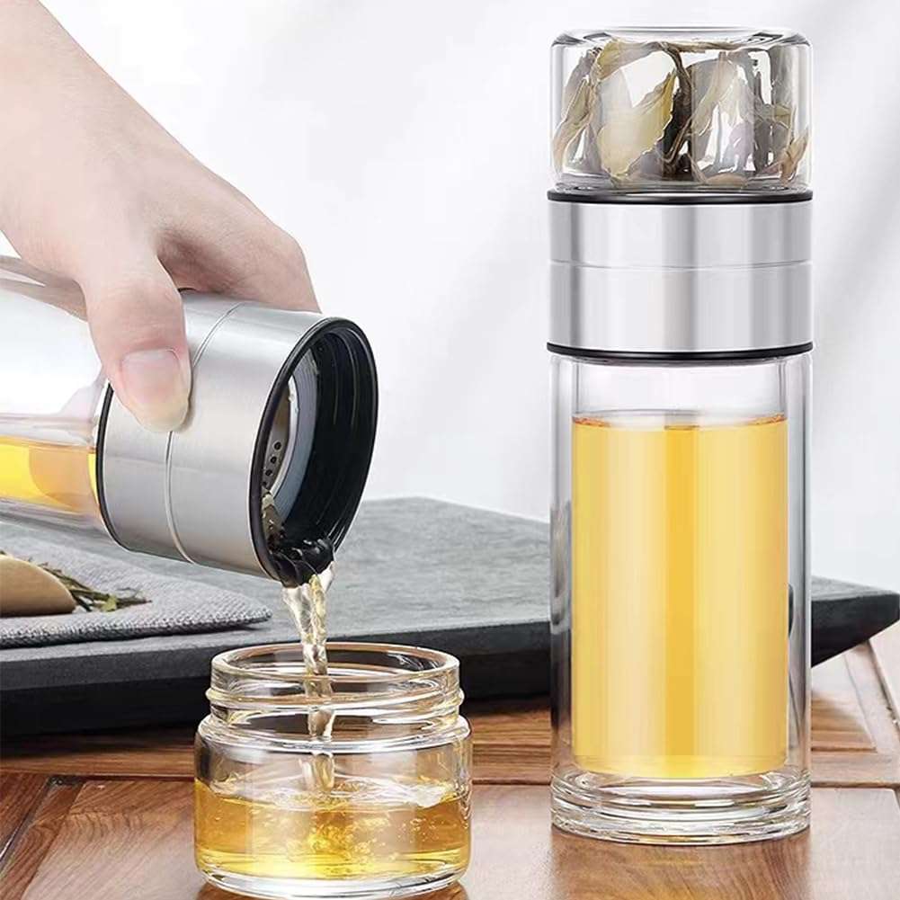 PUPOPIK 14oz Double Wall Glass Water Bottle Tea and Portable Travel Water Separation Tea Bottle Mug Cup with Tea Infuser,Clear Filtrating Tea Maker for Loose Leaf Tea (Sliver-450ml) 4