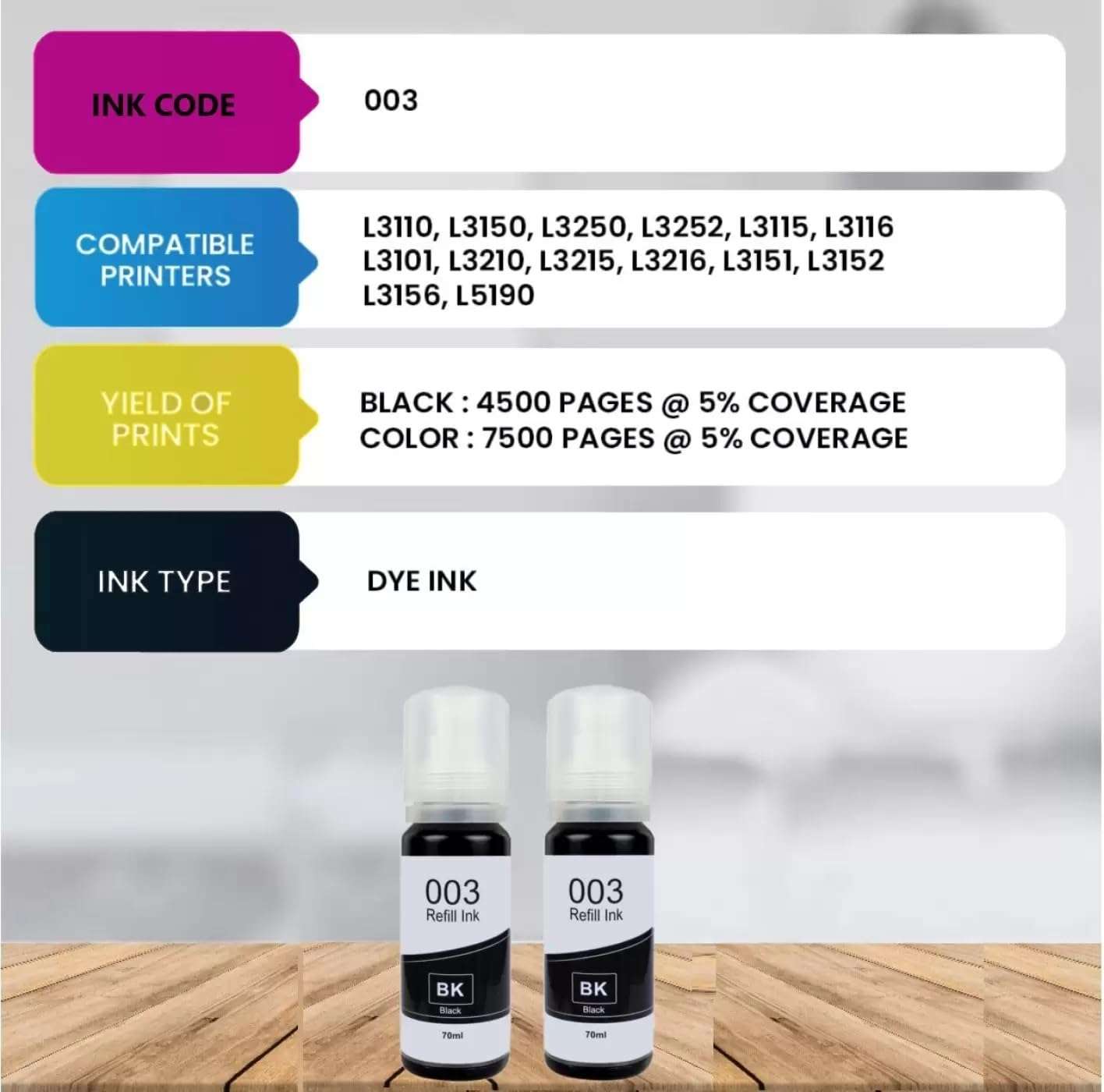 Teqbot 003 001 Refill Ink Compatible with Epson 001, 003, L3200, L3210, L3211, L3215,L3216,L3250,L3252 Black - Twin Pack Ink Bottle 3