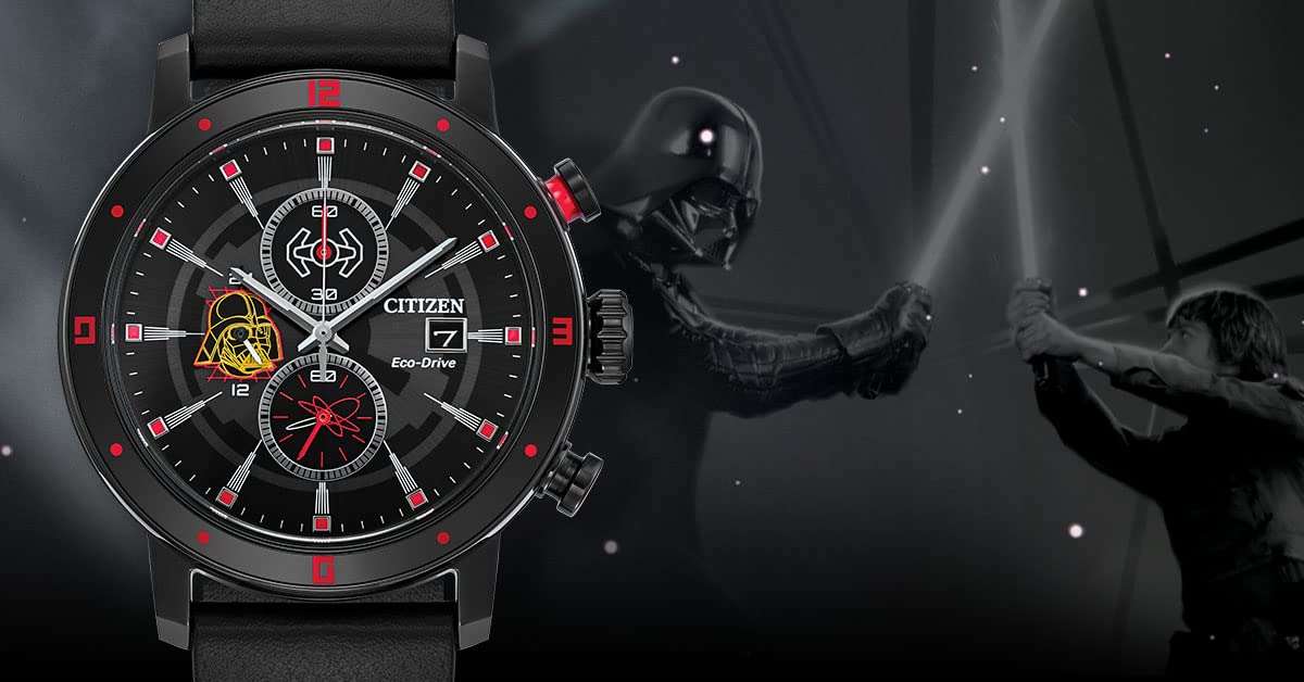 Citizen Eco-Drive Men's Star Wars Darth Vader Chronograph Watch with Black Ion Plated Case, Red Accents and Black Leather Strap, Luminous, Date, 44mm (Model: CA0769-04W) 5