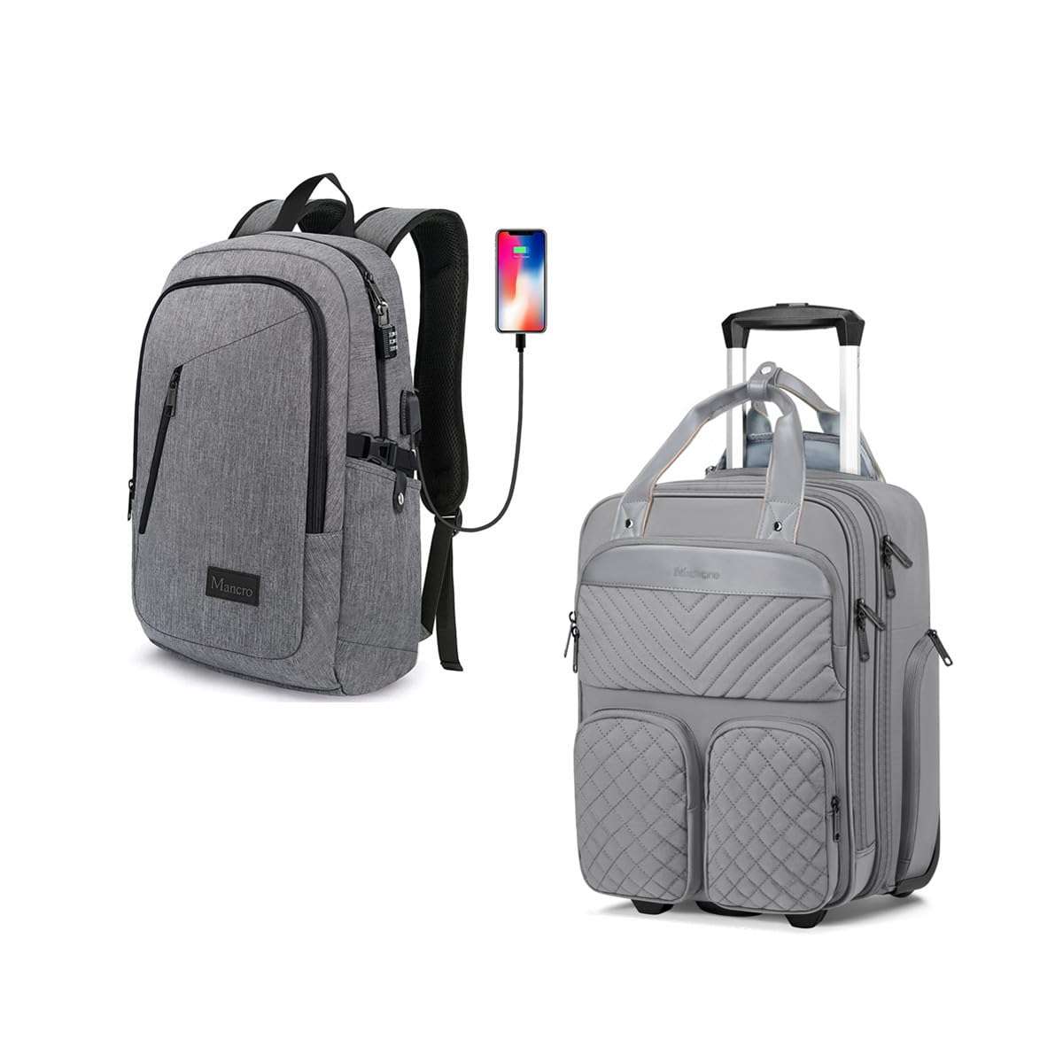 Mancro 15.6 Inch Travel Laptop Backpack with USB Charging Port Grey, Undersent Carry On Luggage with Wheels Rolling Bag for Travel, Business 1