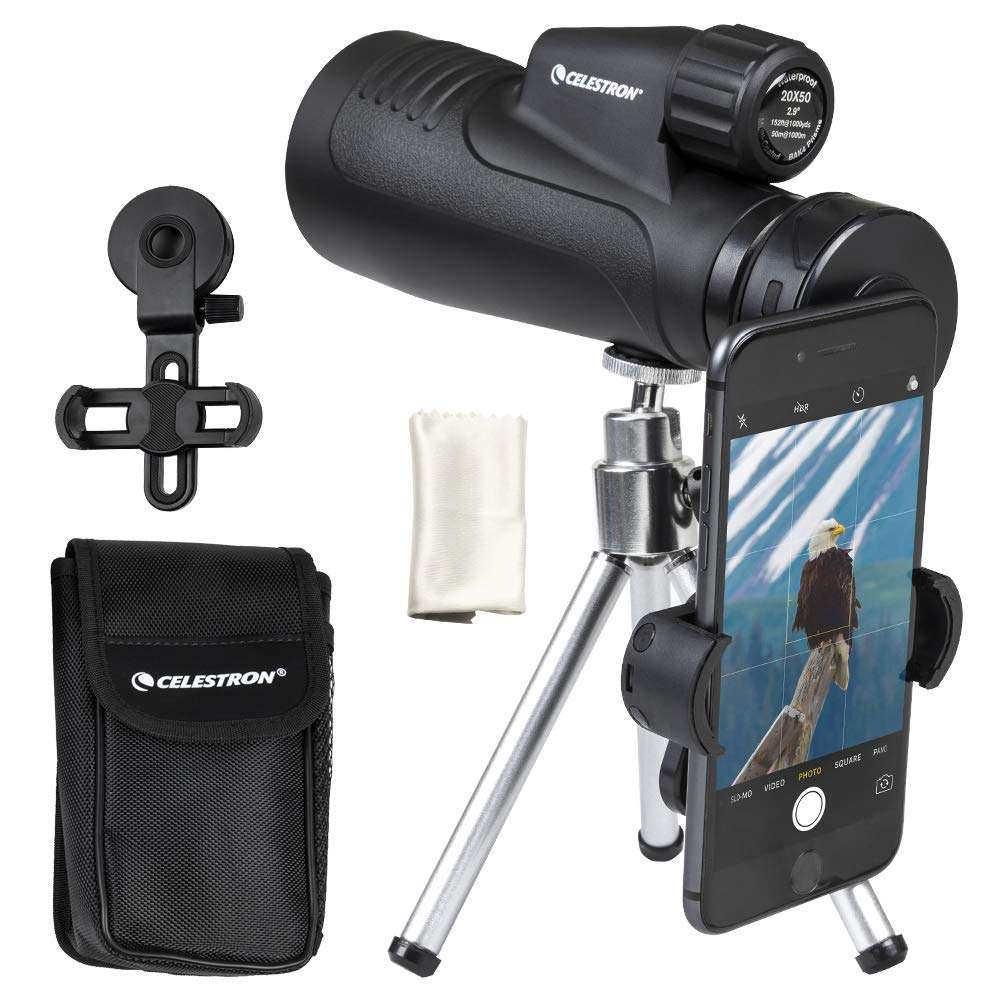 Celestron – Outland X 20x50 Monocular – Outdoor and Birding Monocular – Fully Multi-Coated Optics and BaK-4 Prisms – Bonus Smartphone Adapter, Bluetooth Remote & Tripod Included 1