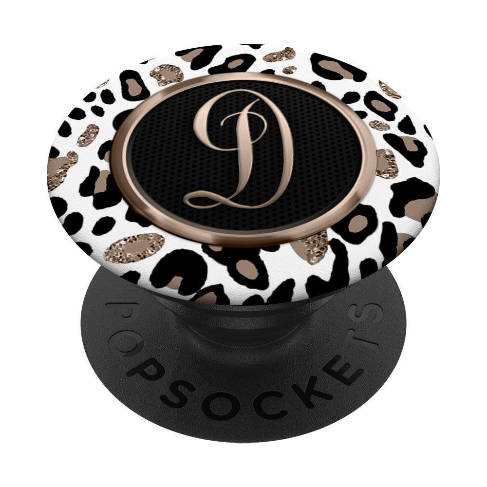 White Leopard Print Cheetah Monogram Initial Letter D PopSockets Swappable PopGrip 1