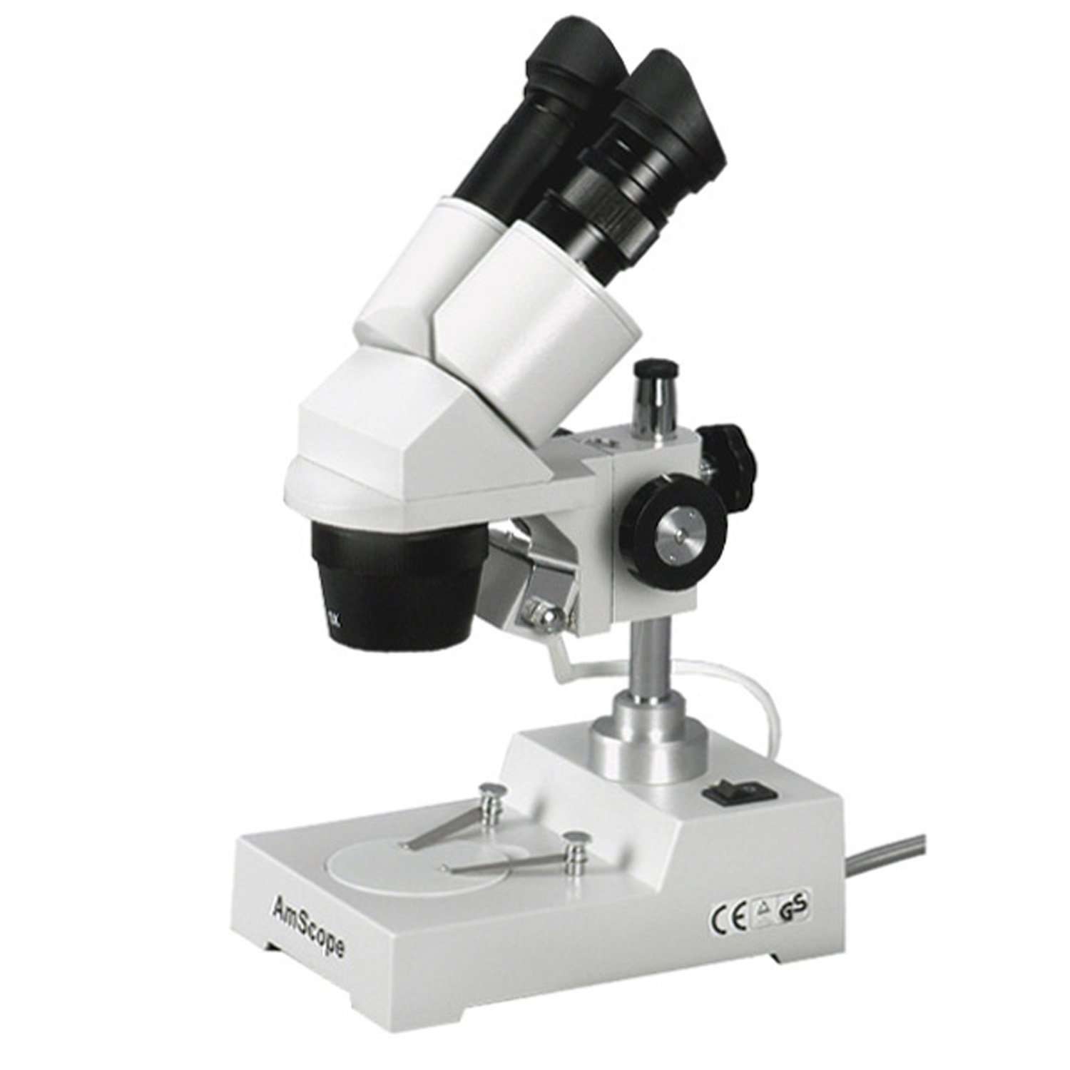AmScope SE303-P Binocular Stereo Microscope, WF10x Eyepieces, 10X and 30X Magnification, 1X and 3X Objectives, Tungsten Lighting, Reversible Black/White Stage Plate, Pillar Stand, 110V 4
