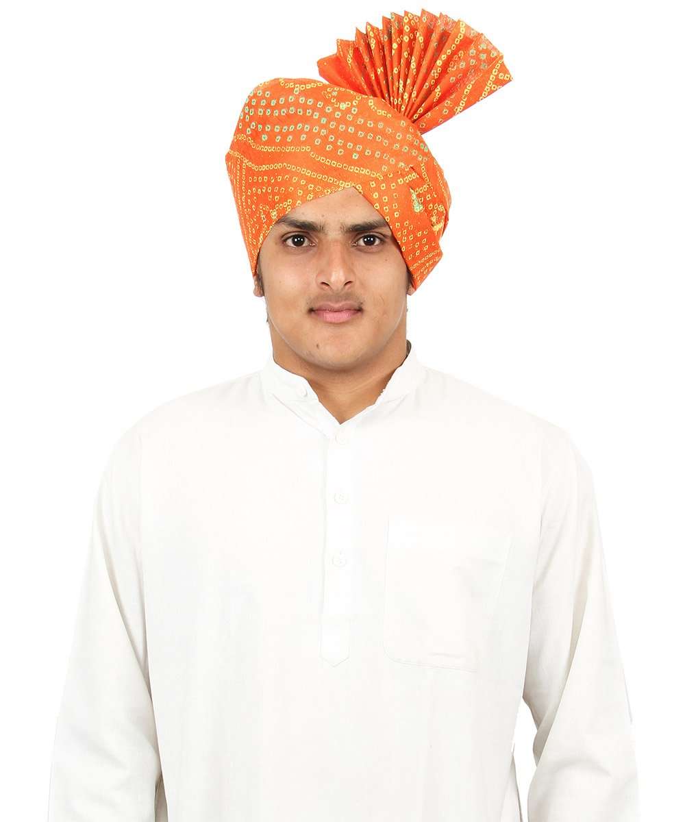 KALAPURI Traditional Handstitched Ready to Wear Khadi Print Roto Jari Orange Pheta (Turban Safa) for Men for Wedding/Marriage and Traditional Function