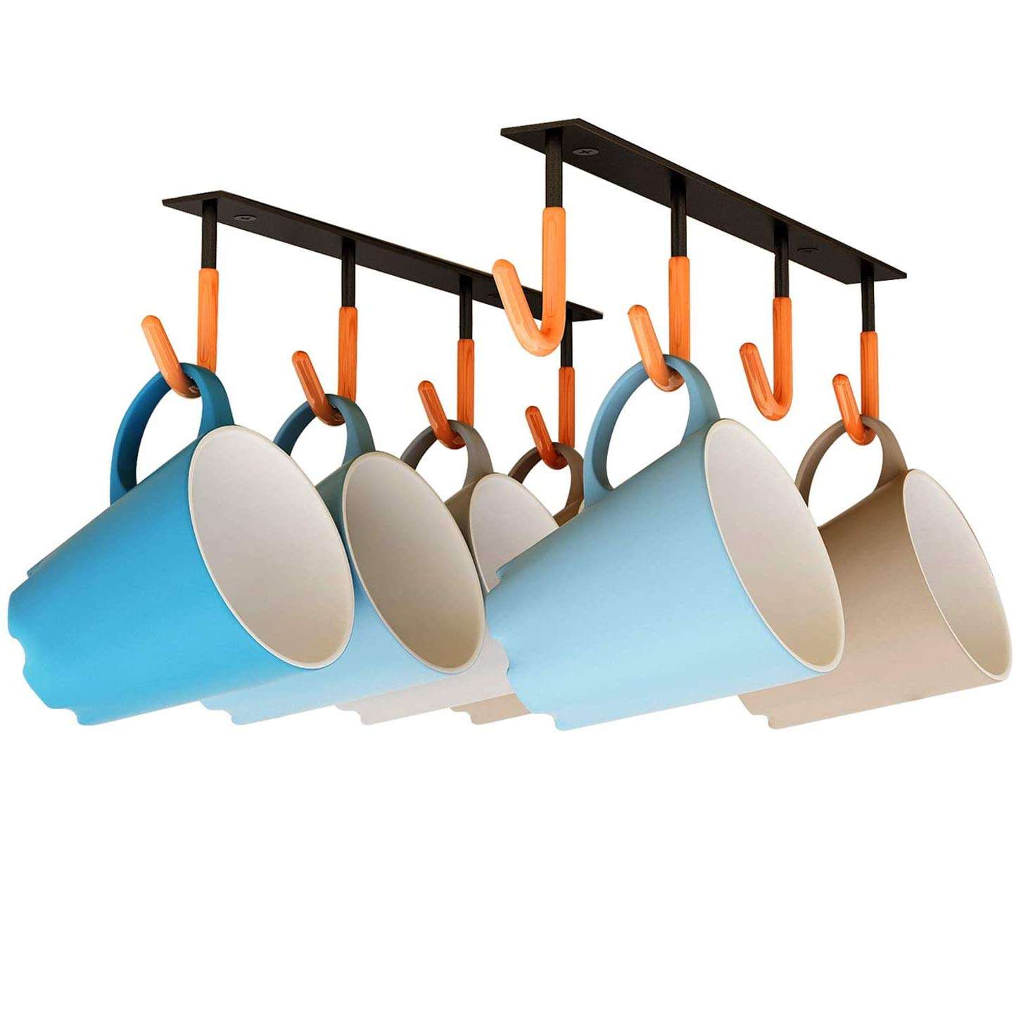 XIGOO Coffee Mug Holder Under Cabinet - Multi-Function Kitchen Cabinet 2pcs × 4 Hooks, Heavy Duty Hangers for Hanging Mug Cup,Teapots, Utensils 1