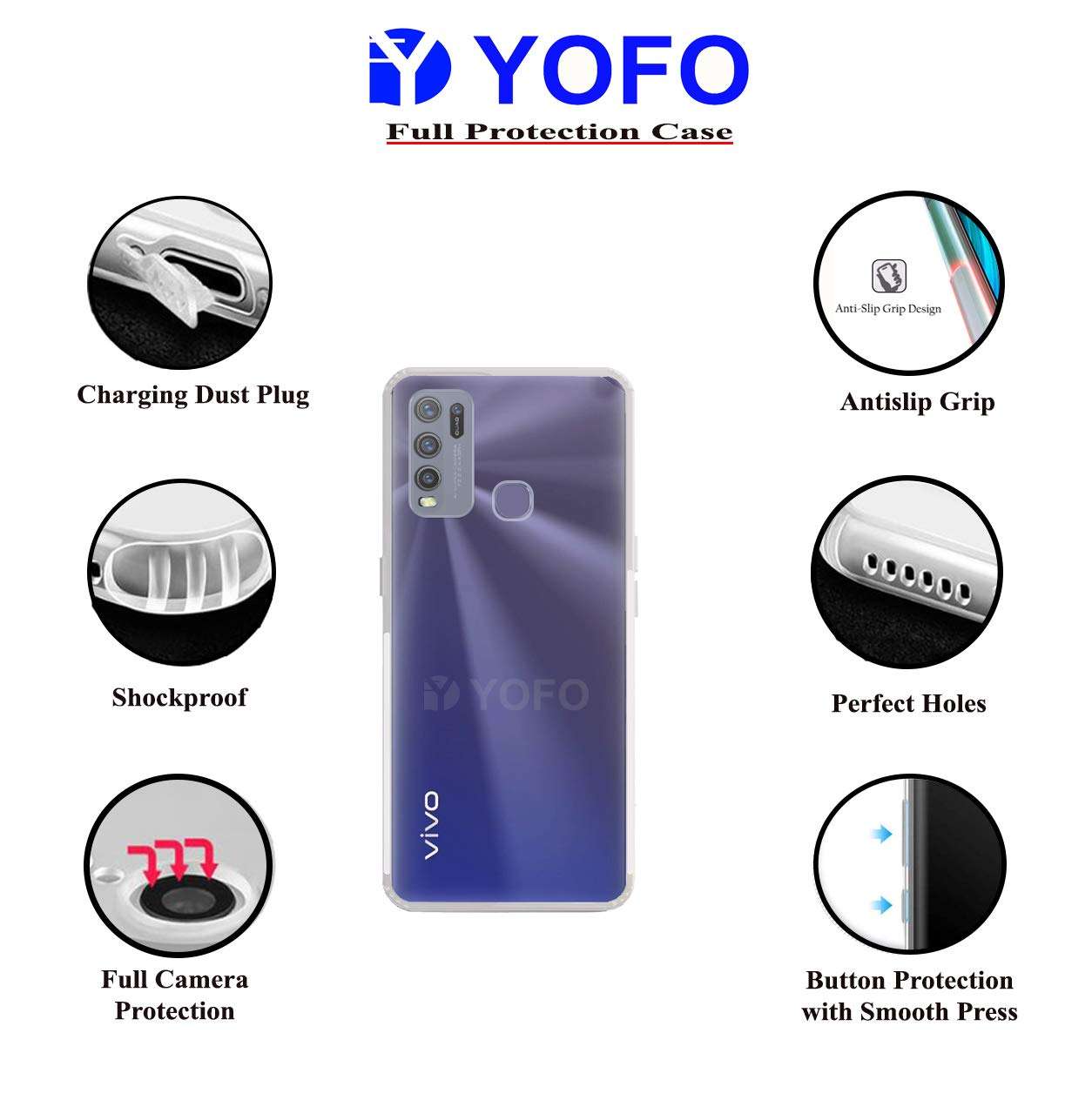 YOFO Silicone Back Cover with Camera Protection & Dust Plug for Vivo Y50 / Y30 - (Transparent) 3