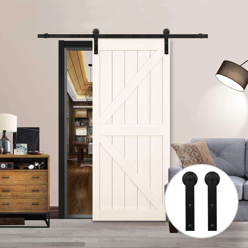 Hahaemall Antique 5-16FT Single Sliding Barn Door Hardware Steel Exterior Black Rail (I Shape Hangers) (6.6FT Soft Close Single Door Kit) 1