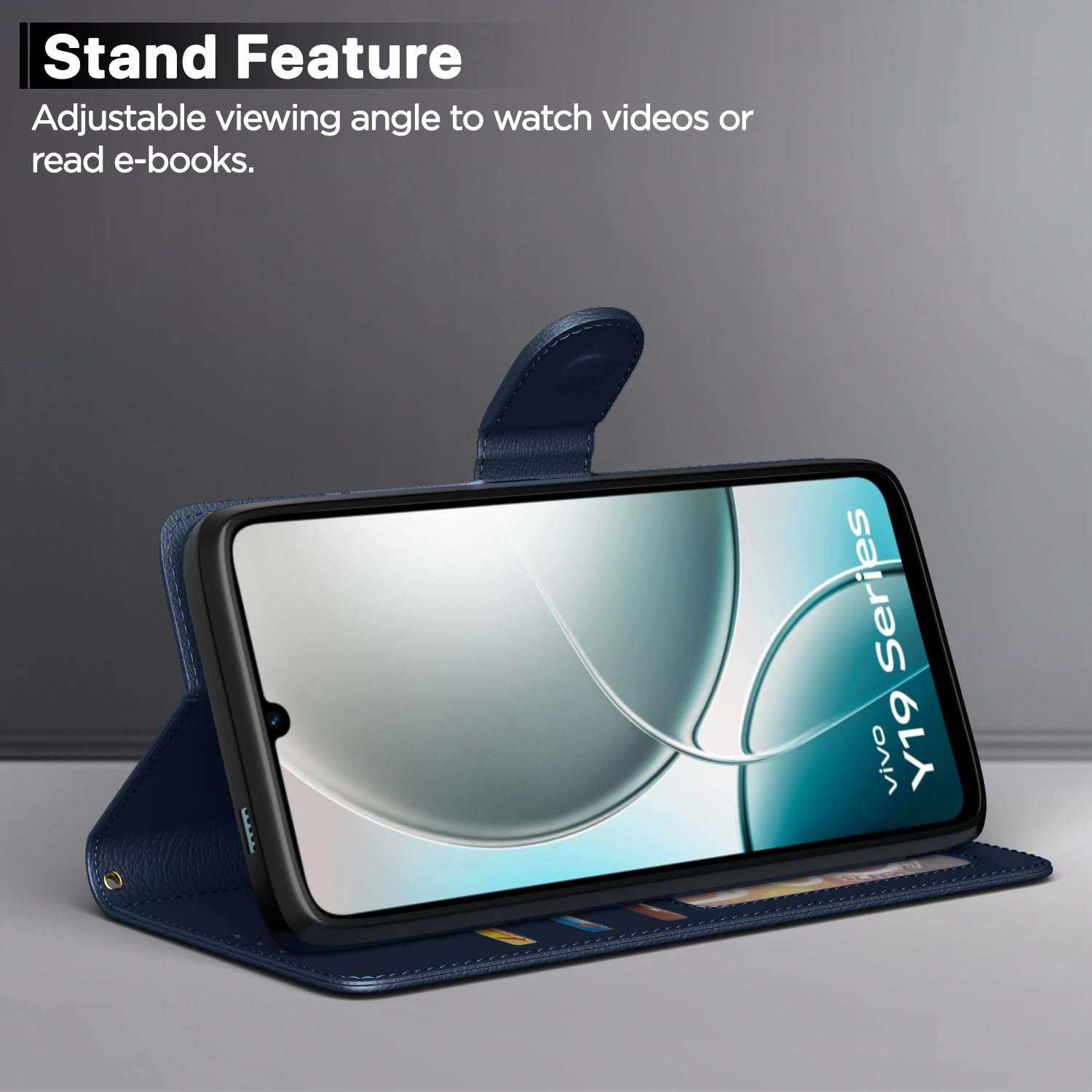 Outlouders Flip Cover for Vivo Y19e / Y04 4G / Y29s 5G | Leather Finish | Card Slots | Wallet Stand | Shockproof Protection Flip Case (Blue) 4