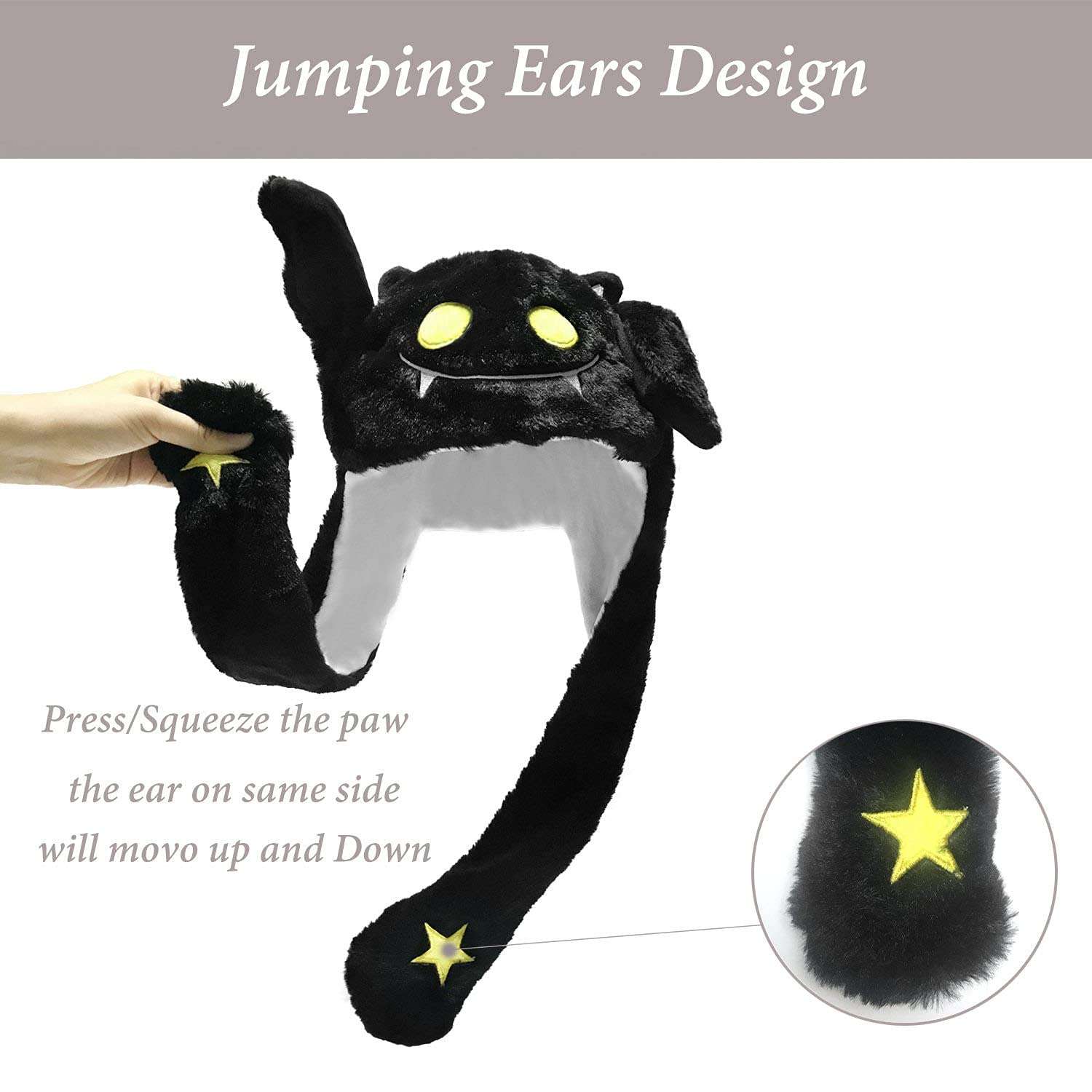 Frxvuc Ear Moving Jumping Hat Funny Plush Ghost Hat Unisex Earflaps Movable Ears Hat Cosplay Halloween Christmas Party Hat (Black) 2