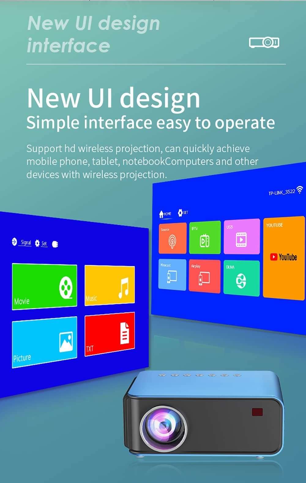 T4 Mini Projector 3600 Lumens Support Full 1080P LED Proyector Big Screen Portable Home Theater Smart Video Beamer (Color : D) (D ) 4