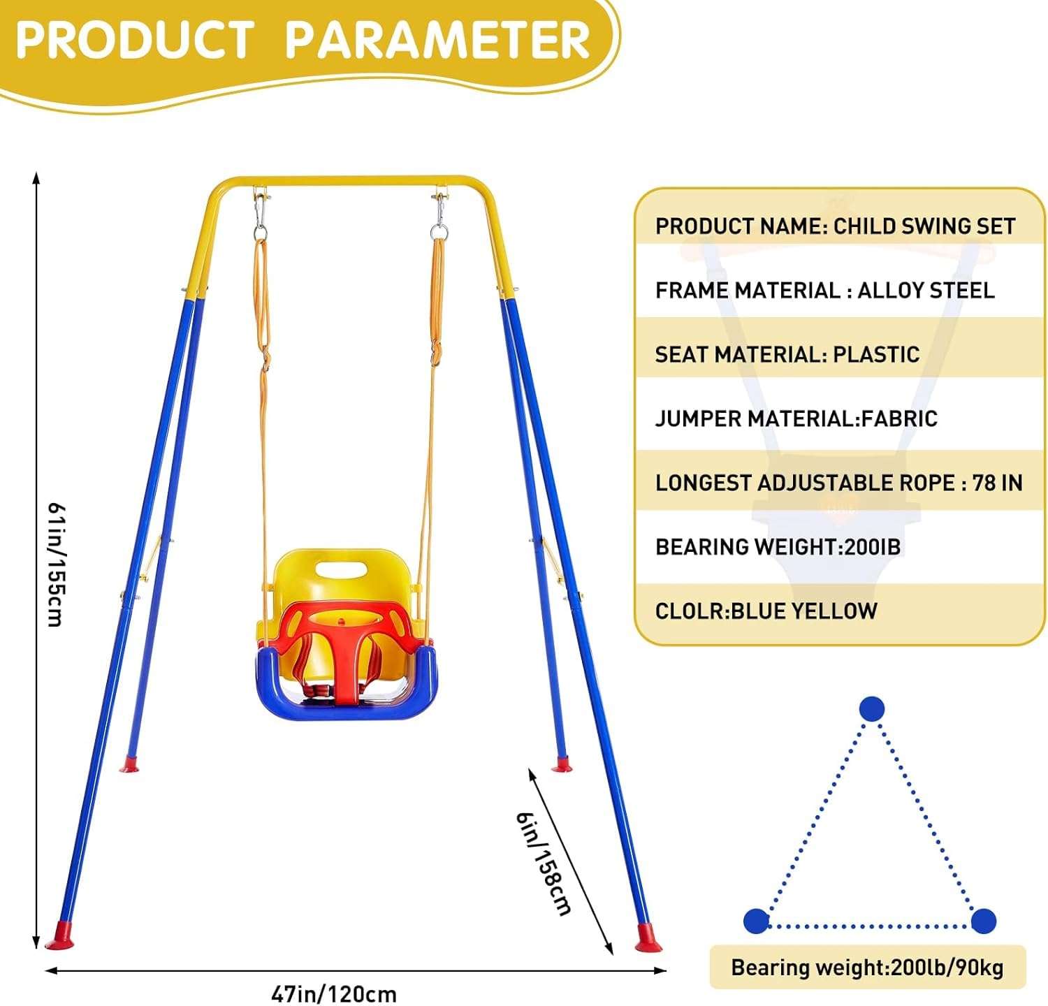 JUMIX Toddler Swing Set with Frame Indoor & Outdoor Baby Swing with Foldable Metal Stand Kids Swing Set for Backyard, Easy to Assemble & Store, Blue 4
