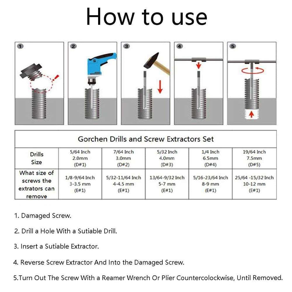 Lockwish 11 PCS Screw Extractor Tool Kit Set, Remove Broken Bolt Fastener,Use by Manually or with a Hammer or Electric Drill 5
