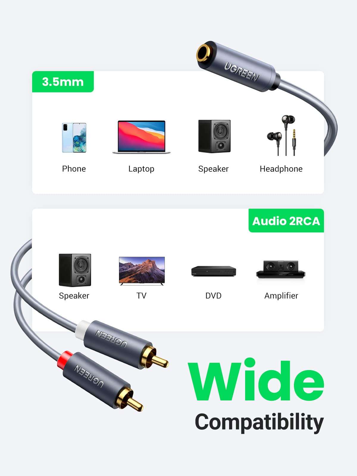 UGREEN 3.5mm Female to 2 RCA Male Cable Gold Plated Stereo RCA Auxiliary Audio Adapter Flexible Metal Shell Y Splitter Aux Cord Compatible with iPod MP3 DVD DJ Controller Mixer Speaker, 3FT 3