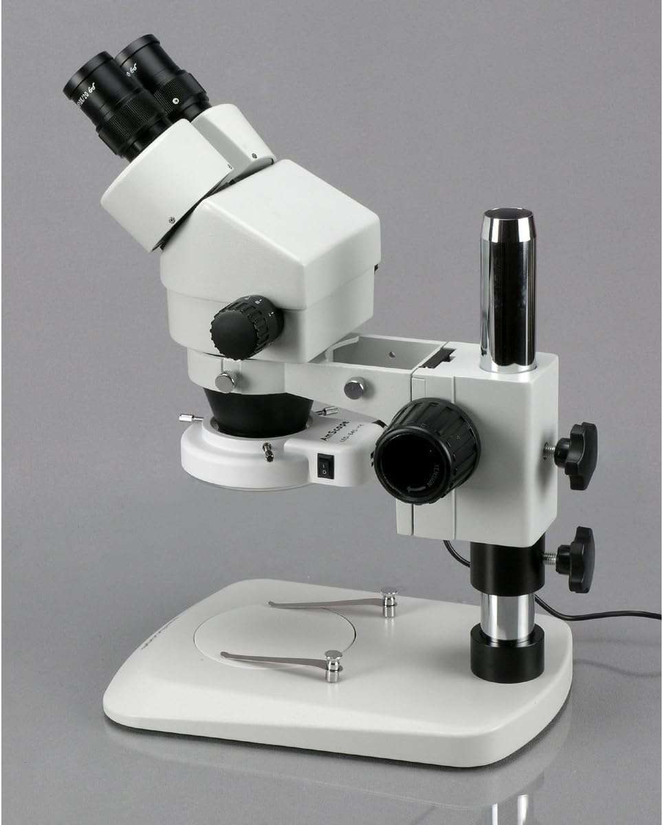 AmScope SM-1BN-64S Professional Binocular Stereo Zoom Microscope, WH10x Eyepieces, 7X-45X Magnification, 0.7X-4.5X Zoom Objective, 64-Bulb LED Ring Light, Pillar Stand, 110V-240V 6