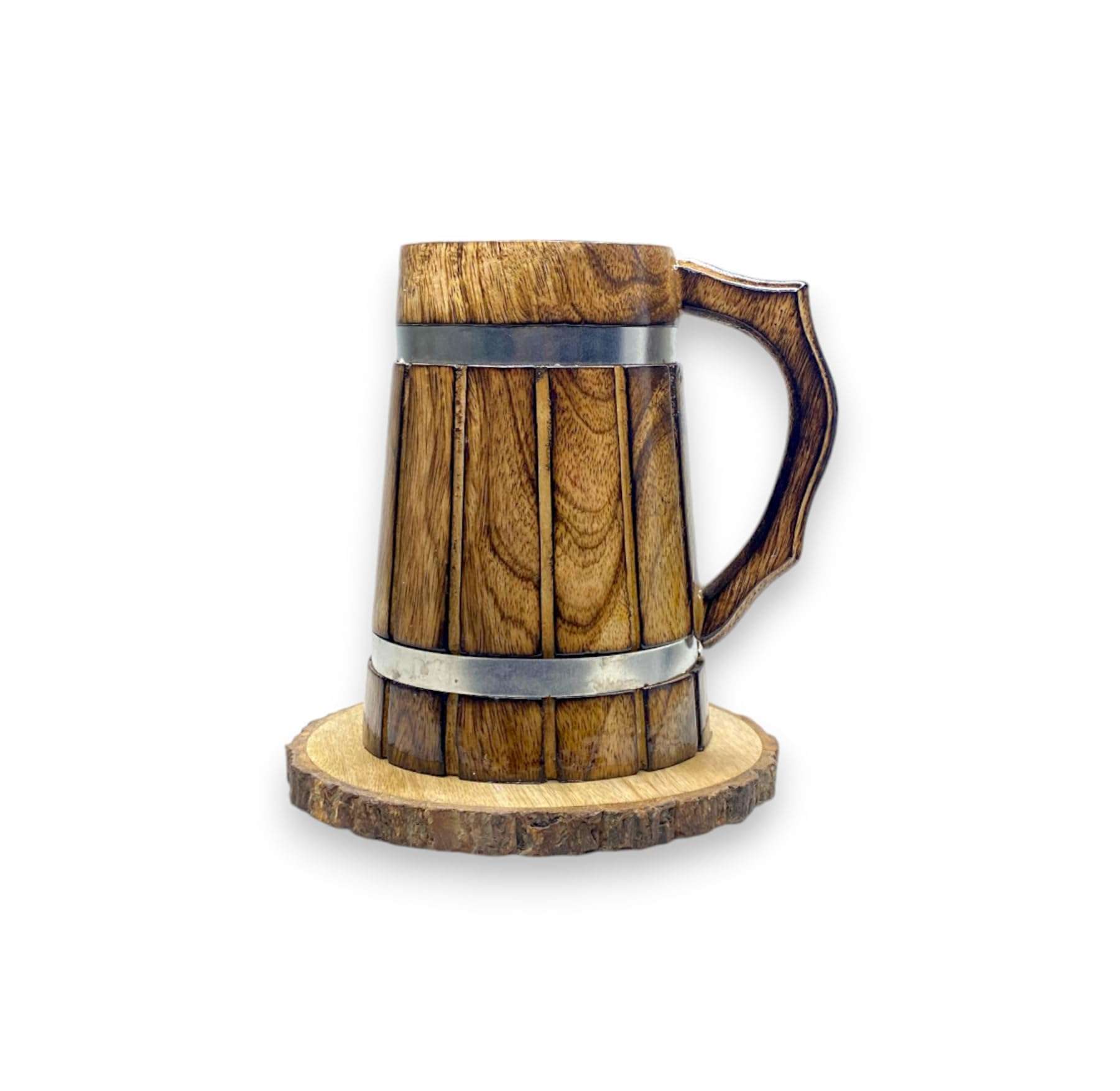 POSHIO Wooden Beer Mugs (600Ml, 6Pcs) with Tree Bark Coasters | Barrel Shaped Beer Mugs Wooden | Mugs for Cocktail Parties - Sturdy Finish | Gift Item Barware