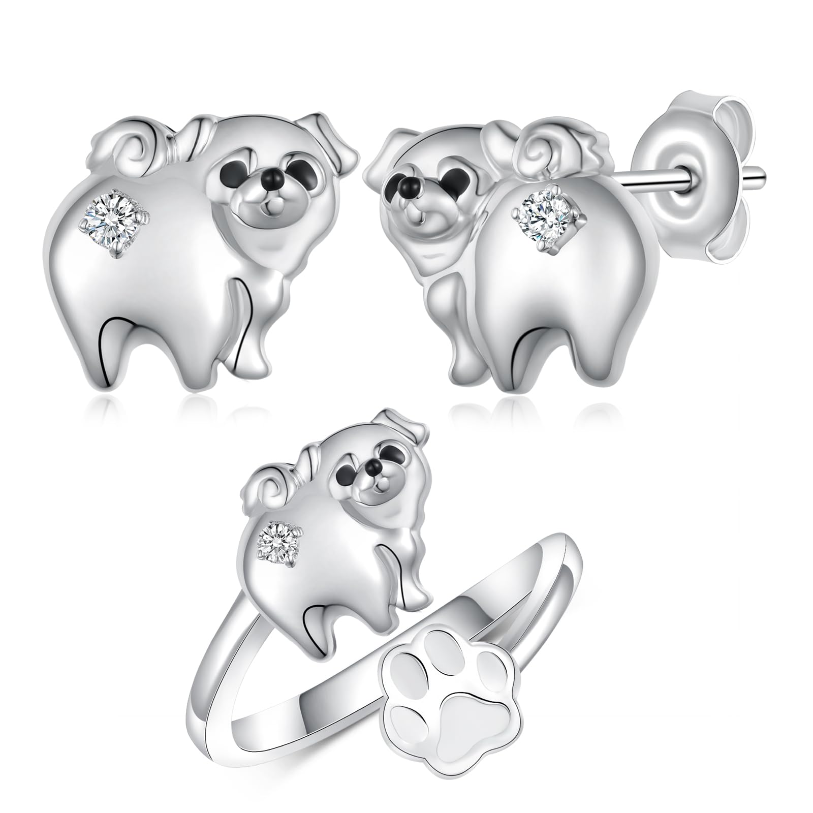 Pug Earrings and Pug Ring Sterling Silver Cute Dog Gifts Pug Dog Jewelry for Women Pug Lover