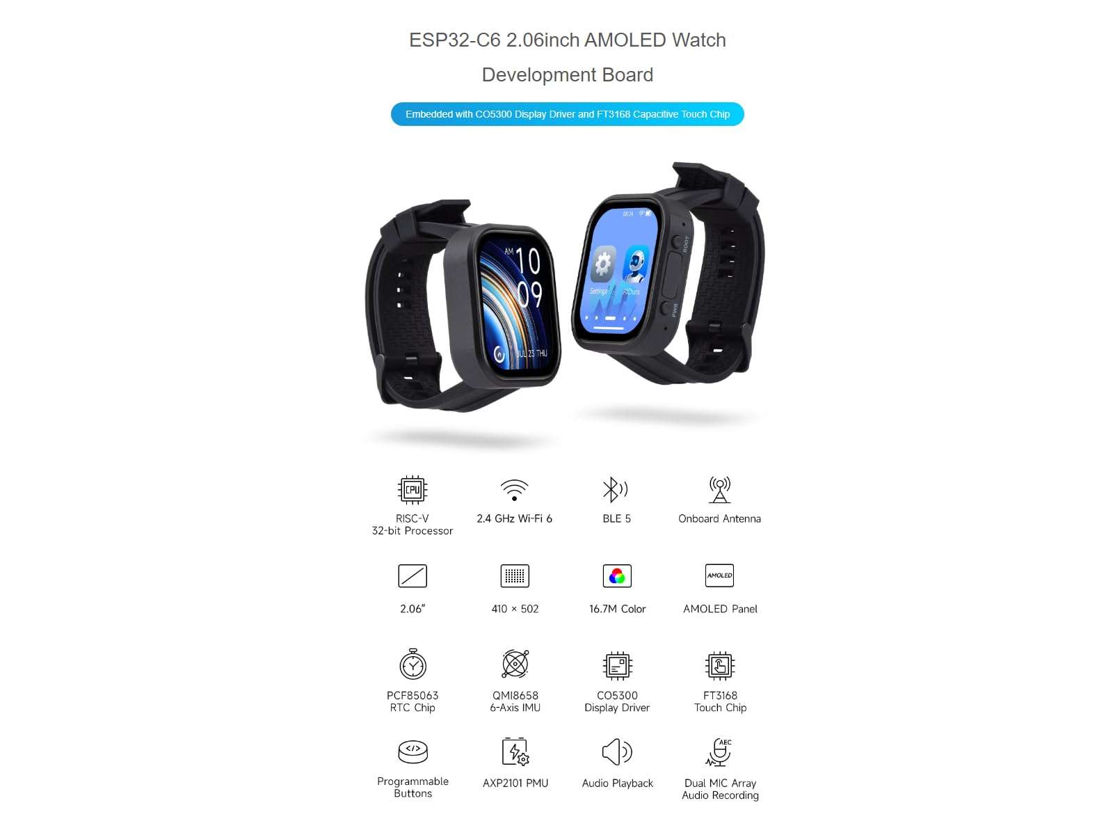 waveshare ESP32-C6 2.06inch AMOLED Touch Watch Development Board,410 × 502 Pixels Capacitive Touch Display,Supports WiFi 6 / Bluetooth 5 / Zigbee,Supports AI Speech Interaction 3