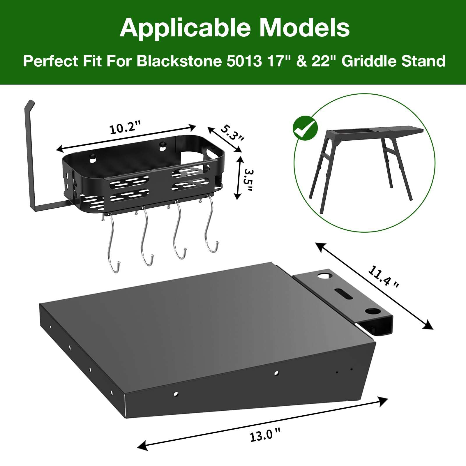Griddle Stand Side Shelf and Griddle Caddy for Blackstone 17" 22" Griddle Stand, Griddle Shelf and Grill Caddy for Blackstone 5013 Griddle Stand with Tool Hooks, Paper Towel Holder and Spatula Holder 3