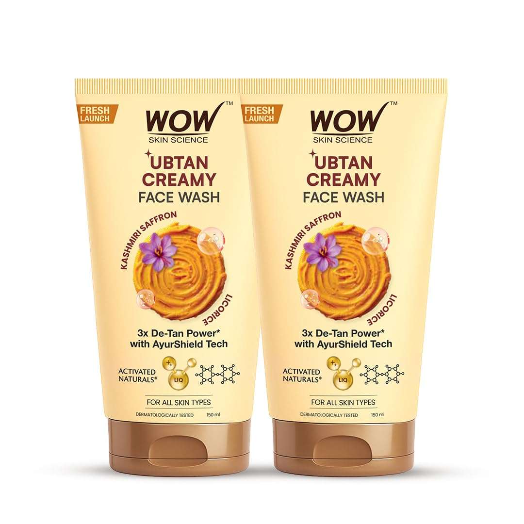 WOW Skin Science Ubtan Creamy Face Wash 150 ML for Men & Women | Facewash with Kashmiri Saffron & Liquorice | 3X Detan Power with AyurShield™ Tech | Brightening Cleanser for Radiant Glow | Sulphate-Free | Pack of 2 1