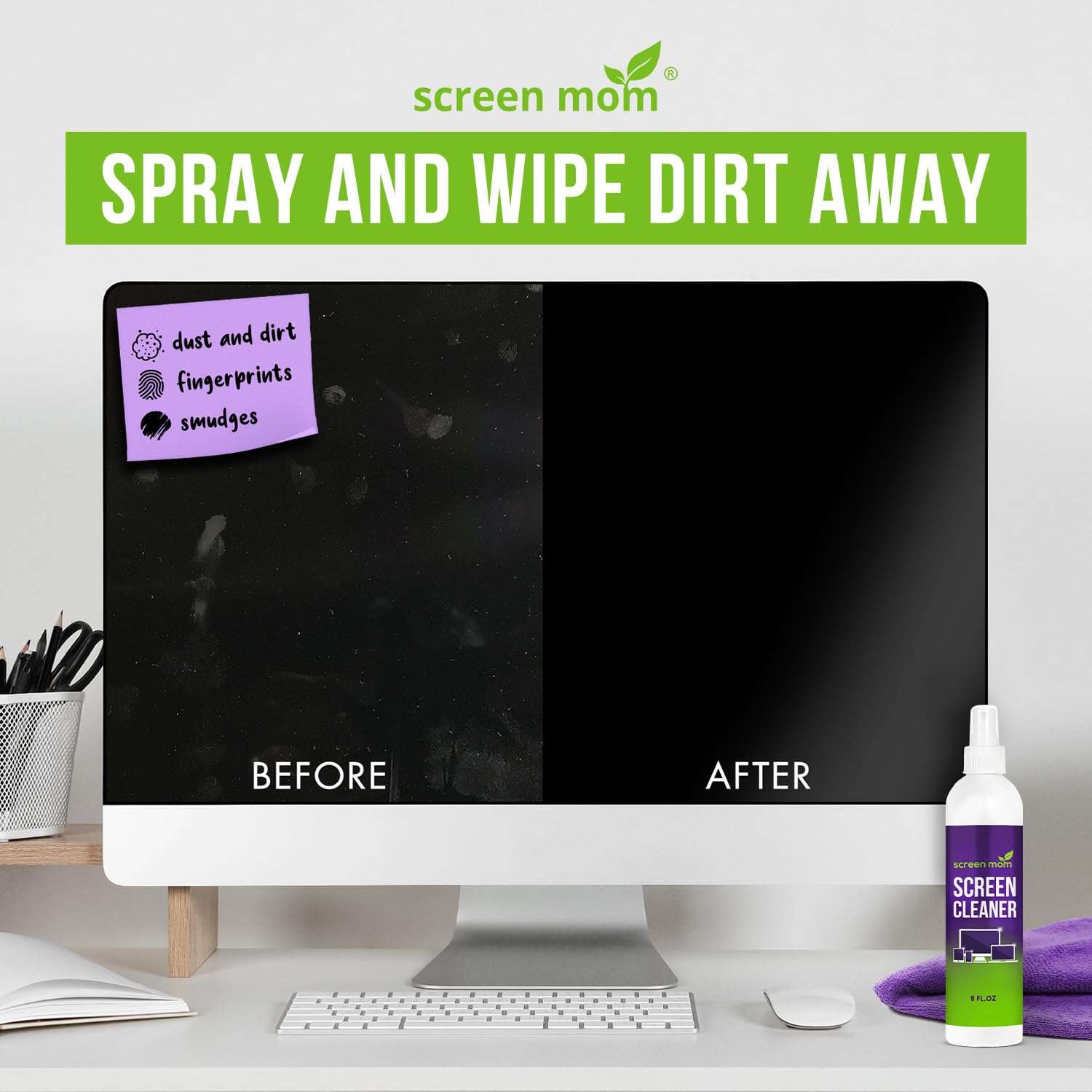 Screen Mom Screen Cleaner Spray and Microfiber Cloth 8oz Screen Cleaner Spray and Wipe for TV, Laptop, Computer, Phone, iPad, Car Screen Cleaning Kit Electronic Cleaner Spray 5