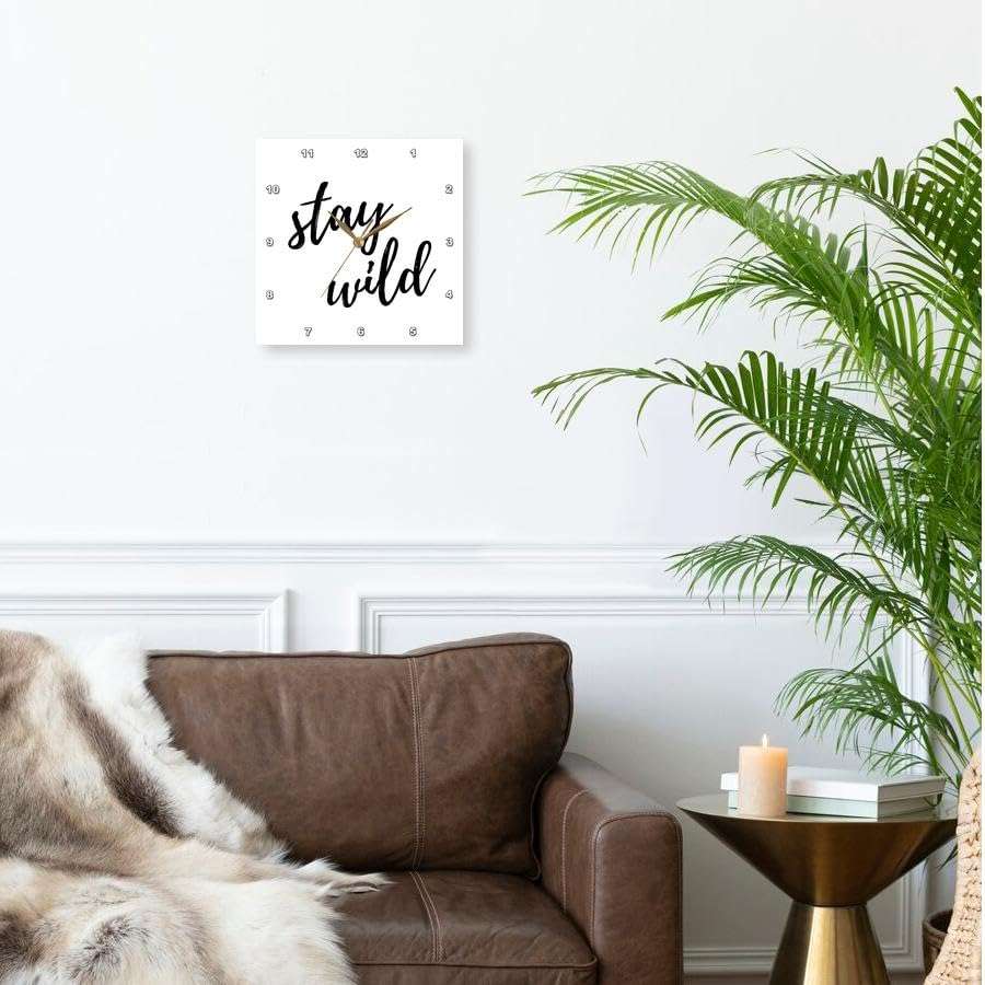 3dRose Wall Clock Silent - 15 inch - Stay Wild. Cursive Black Lettering on White Background. - Stamp City - Typography 2