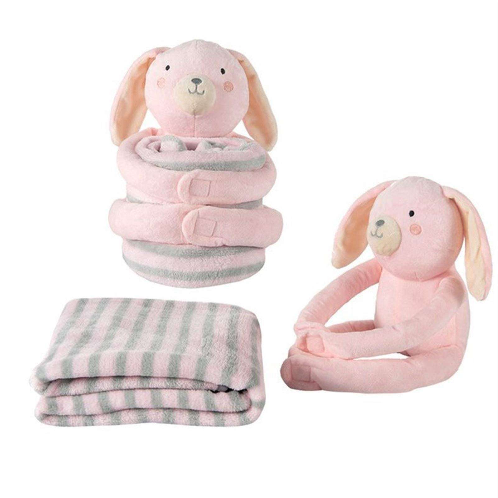 whbage Blanket 2pcs/Set Cartoon Cute Animal Doll Pillow + Super Soft Stuffed Crystal Velvet Nap Shawl Blanket for Children Girls Birthday Gift (Color : Pink Rabbit, Size : 90x80cm) 1