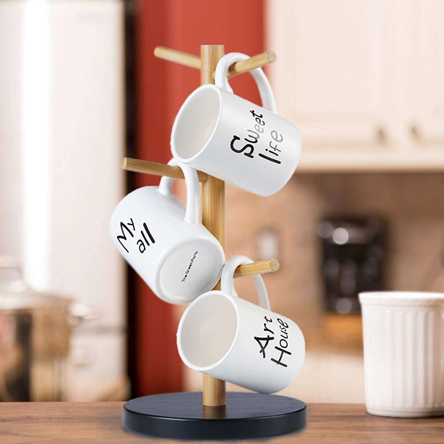 Wisuce Bamboo Coffee Mug Holder Tree, Thicker Base Coffee Cup Holder Stand for Counter, Mug Rack with 6 Hooks 4