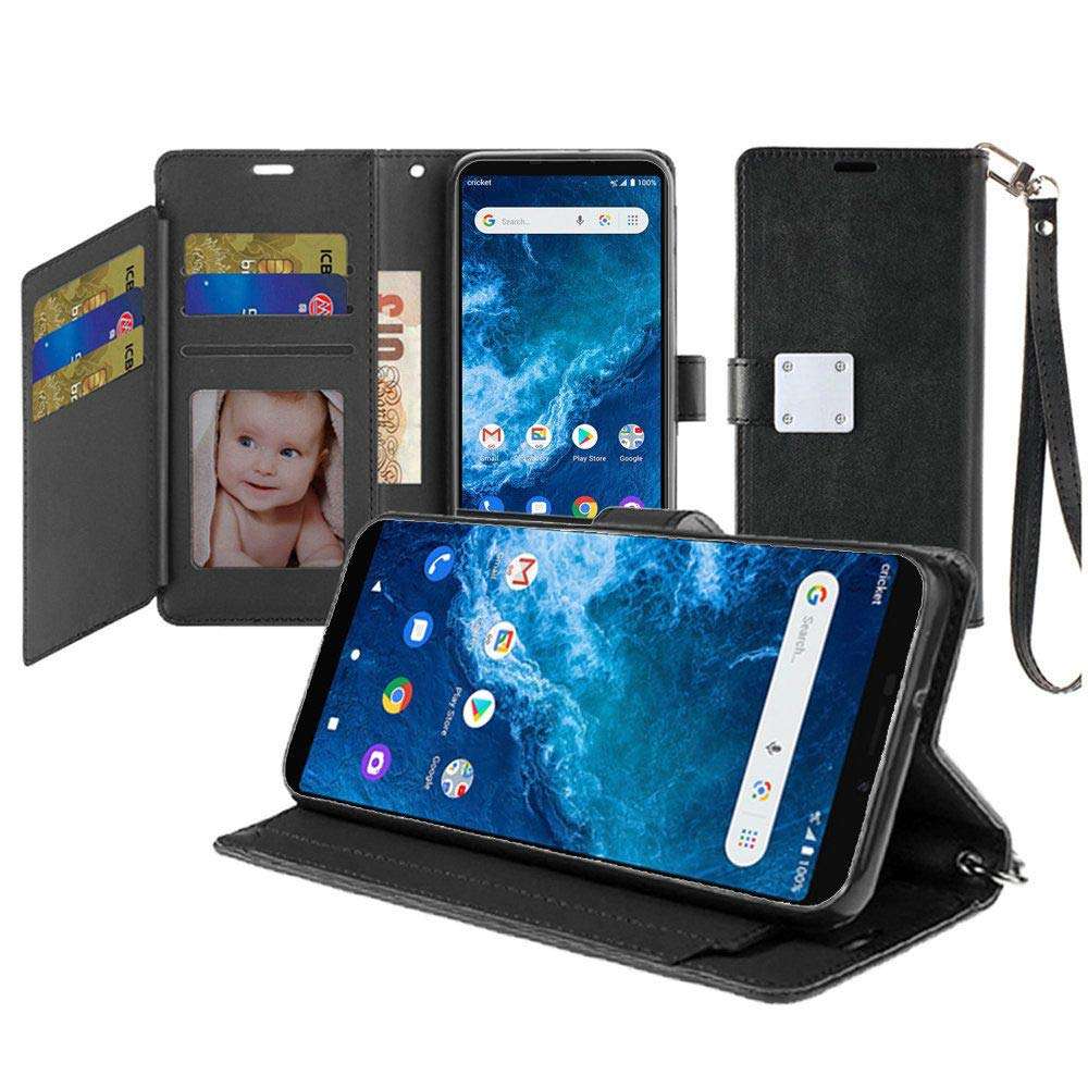 Kaleidio Case for Cricket Icon 2 [Deluxe Wallet] PU Leather [Card Slot] [Magnetic Metal Clasp] Hybrid Flip Stand Cover [Black]